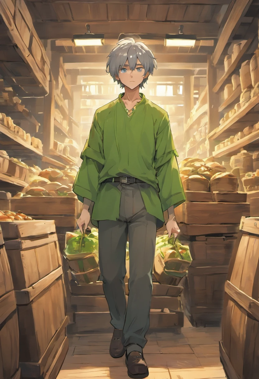 male food merchant, beautiful eyes, green shirt with white sleeves, green pants, gray hair, gray mustache, next to a wooden cart, next to wooden barrels and boxes, far behind is a magical forest, fantasy, Middle Ages, artstation, hdr, intricate details, cinematic, best quality, 4k, 8k, highres, masterpiece