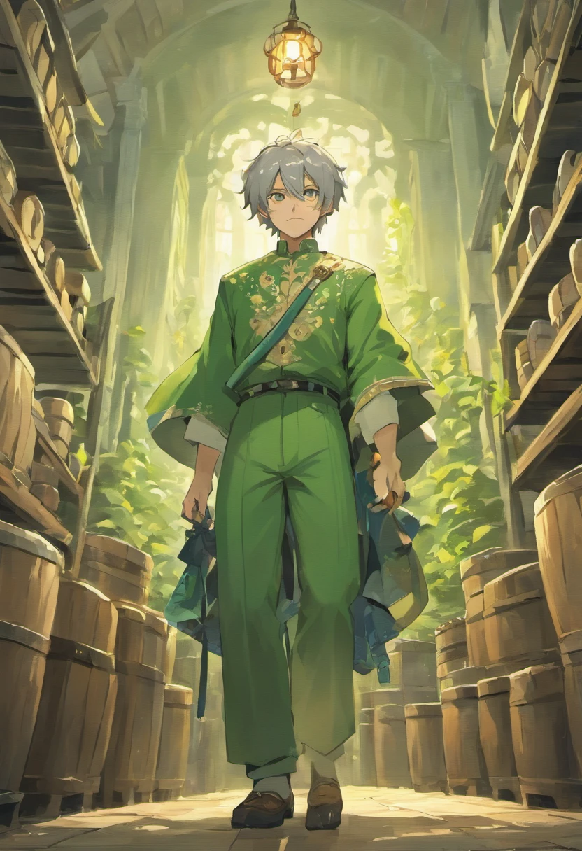 male food merchant, beautiful eyes, green shirt with white sleeves, green pants, gray hair, gray mustache, next to a wooden cart, next to wooden barrels and boxes, far behind is a magical forest, fantasy, Middle Ages, artstation, hdr, intricate details, cinematic, best quality, 4k, 8k, highres, masterpiece