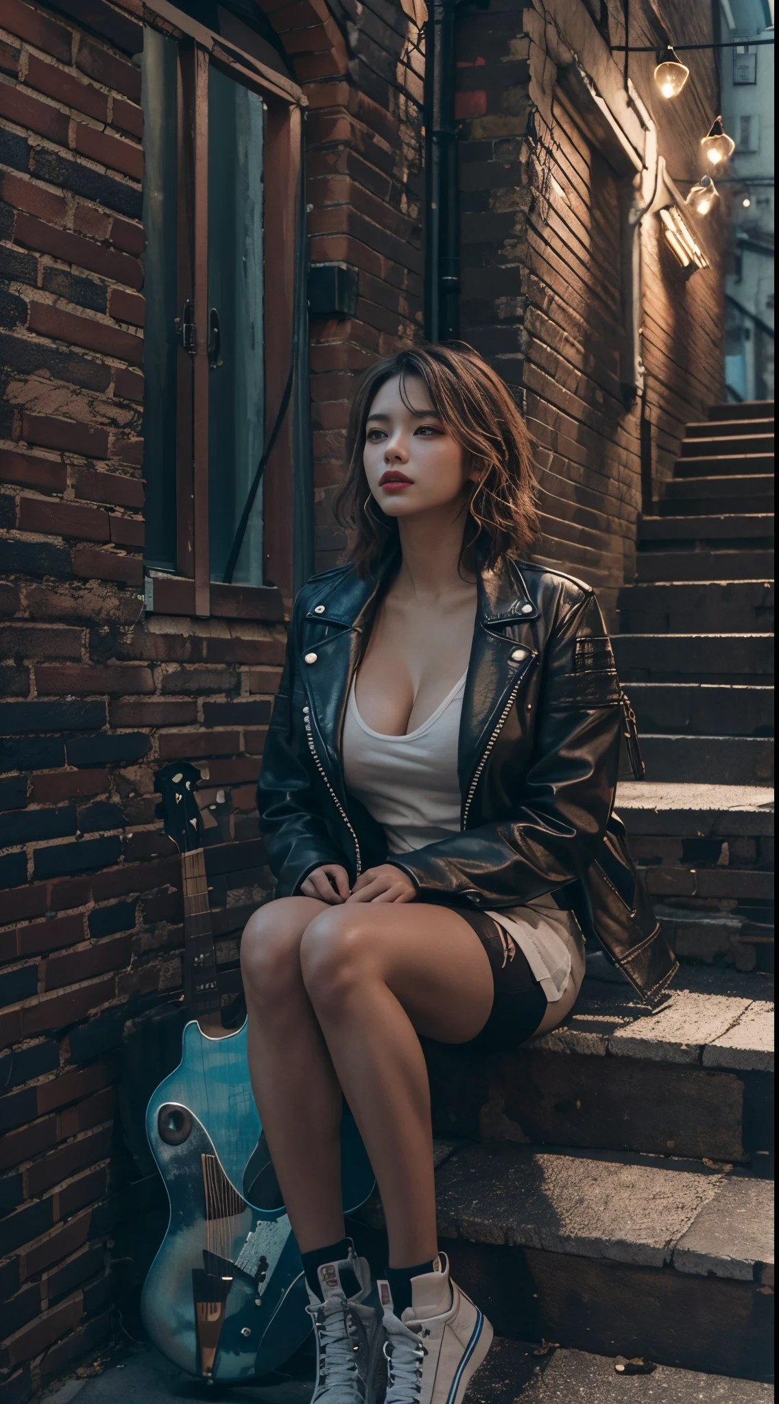 8k, top-quality, (pubic hair beauty)、hight resolution, 逼真, realperson, backyard alley, London Style, Tangled, cinematic lighting soft lighting、A musician wearing a leather jacket is sitting and glaring at me.、a beauty girl、huge tit、beauty legs、guitar