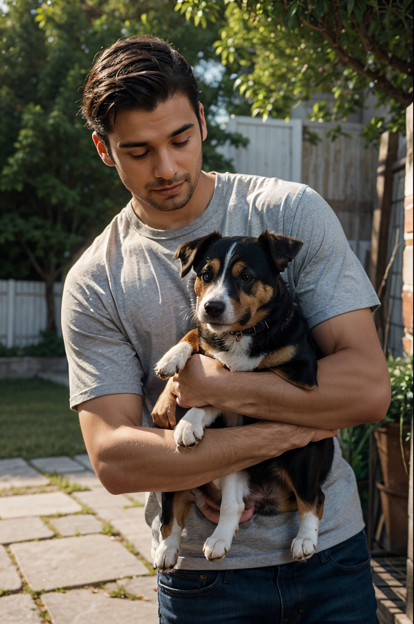 A man holding a dog with love