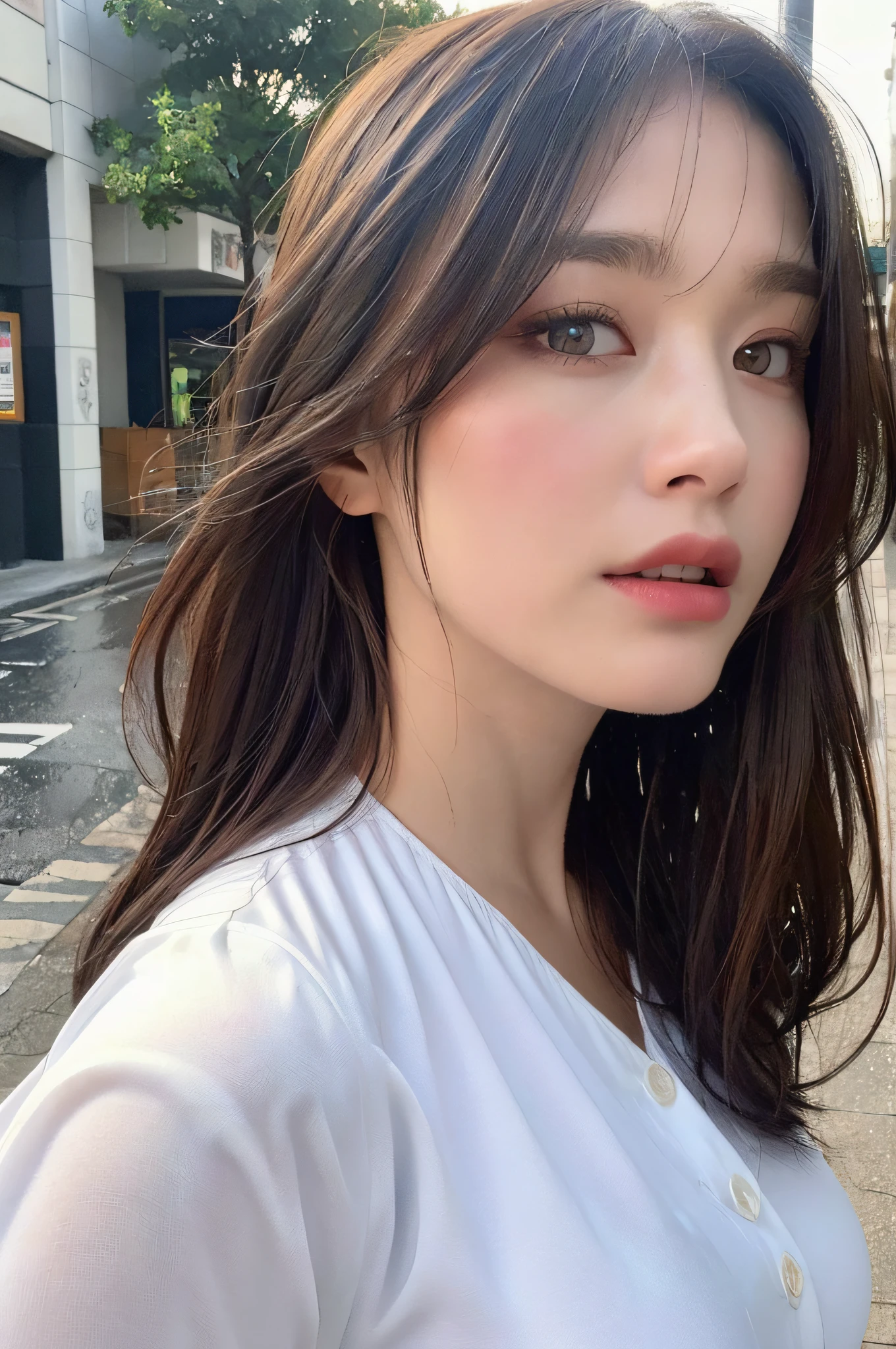 ((Best quality, 8k, Masterpiece: 1.3)), Sharp focus: 1.2, A beautiful woman with perfect body: 1.4, Slim abdomen: 1.2, ((Layered haircut, Large breasts: 1.2)), (no bra) (Small and beautiful hard nipple) (Thin and damp button up to shirt length: 1.1), (White shirt wet by rain), (Rain, Street: 1.2), Wet body: 1.1, Highly detailed face and skin texture,  Detailed eyes, Double eyelid, tanned skin, sexy, tan, dark skin, tanned body, exposed shoulders, cleavage