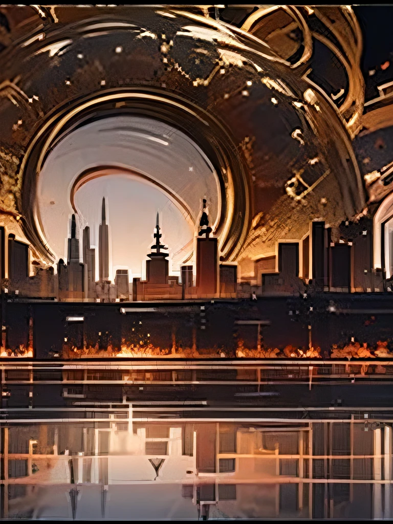 Many ceramic bottles and jars，opaque ceramicreflective，Compose the city，Surrounded by water，This is black，A world of red and gold water and ceramics，The world is symmetrical from the middle，The scenario is simple，Few bottles