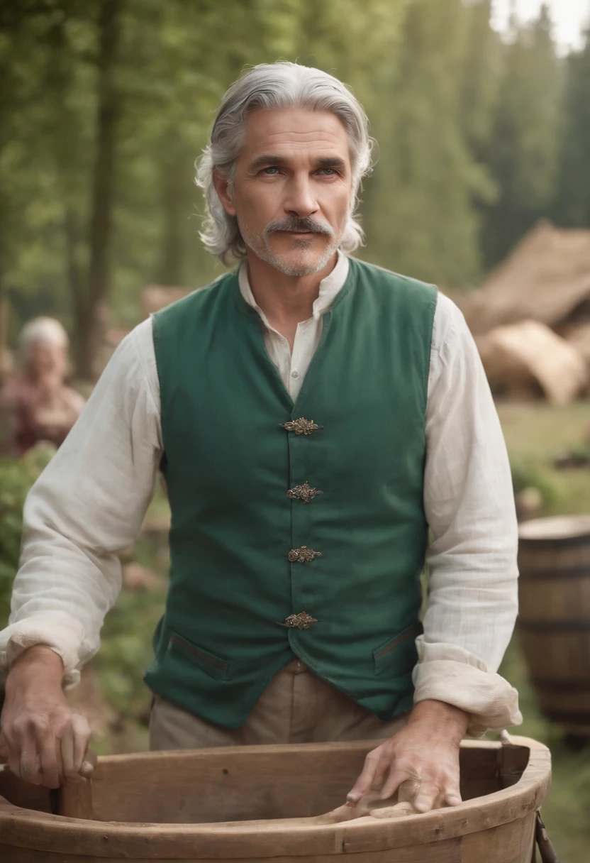 male food merchant, beautiful eyes, green shirt with white sleeves, green pants, gray hair, gray mustache, next to a wooden cart, next to wooden barrels and boxes, far behind is a magical forest, fantasy, Middle Ages, artstation, hdr, intricate details, cinematic, best quality, 4k, 8k, highres, masterpiece