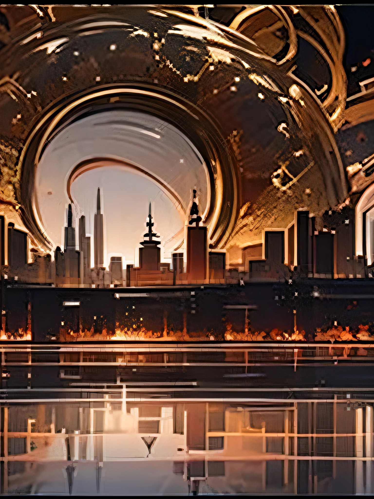 Many ceramic bottles and jars,opaque ceramicreflective,Compose the city,Surrounded by water,This is black,A world of red and gold water and ceramics,The world is symmetrical from the middle,The scenario is simple,Few bottles
