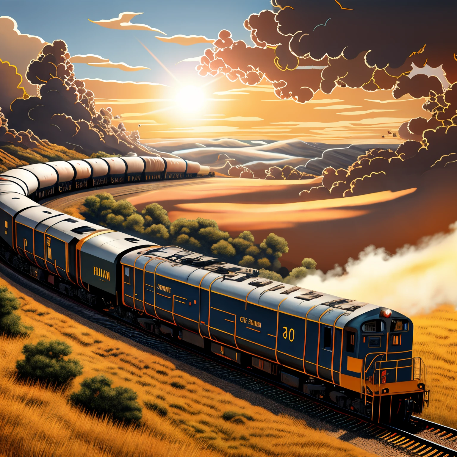 train running in a whimsical woodland realm akin to the Smurf Village