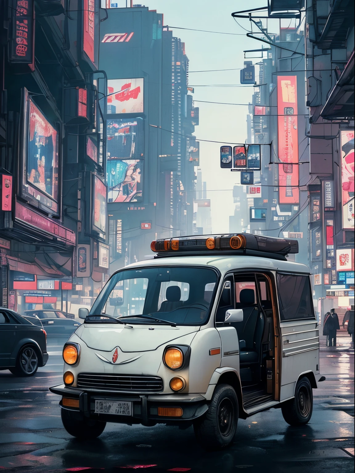 (at late night:1.3), , (detailed beautiful skin textures, detailed beautiful face, ultra detailed clothing textures), , (Cyberpunk:1.4), , (an ultra detailedfour-wheeled and long bonnet tuk-tuk with load on roof carrier and eear loading platform with luggage on it and letter-tyres), , (3/4 front view, The car is in the center of the frame), , (at parking area, at ultra detailed Night City of Cyberpunk), (All cars are classic cars with cyberpunk custumed), , (softlighting), , (masterpiece, best quality:1.4, 8k, ultra detailed, illustration, distinct_image, intricate_details, delicate illustration), (realistic:0.15),