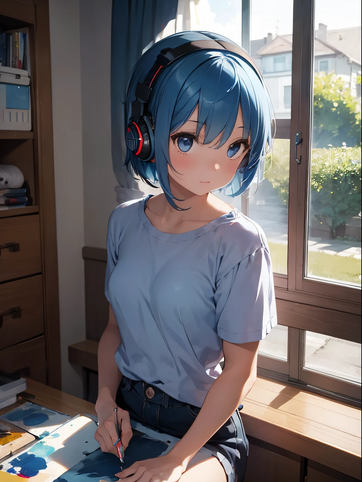 1 girl, short blue hair, wearing headphones, painting a picture, bedroom, open window