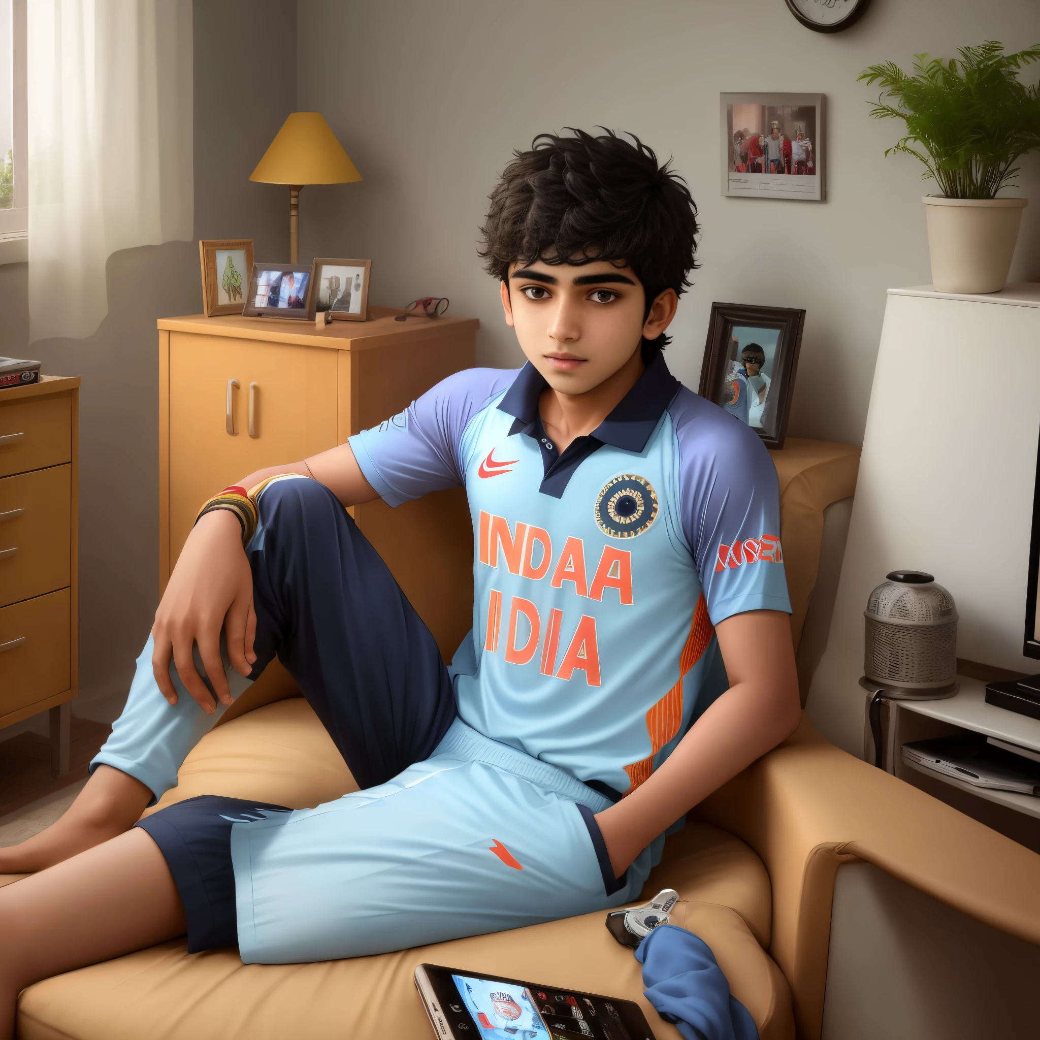 A  boy sitting in his room and watching indian cricket match on TV. The boy is wearing a jersey with gourav name and jersey no. 18