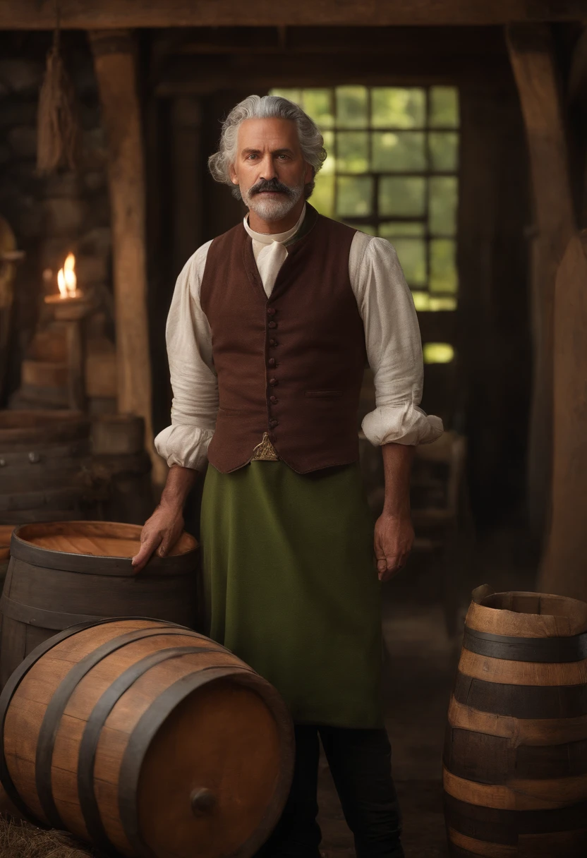 male food merchant, beautiful eyes, green shirt with white sleeves, green pants, gray hair, gray mustache, next to a wooden cart, next to wooden barrels and boxes, far behind is a magical forest, fantasy, Middle Ages, artstation, hdr, intricate details, cinematic, best quality, 4k, 8k, highres, masterpiece