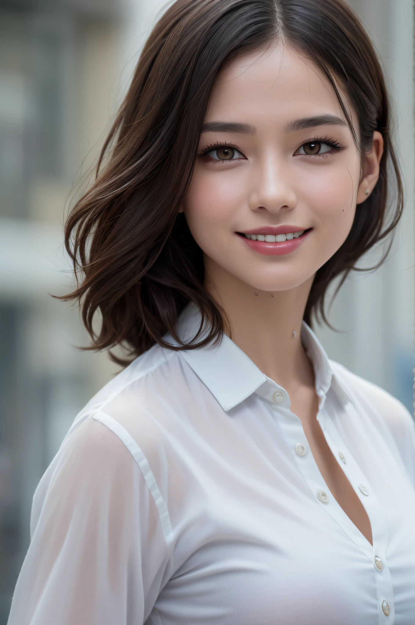 ((Best Quality, 8K, Masterpiece: 1.3)), Sharp Focus: 1.2, A Beautiful Woman with Perfect Figure: 1.4, Slim Abs: 1.2, (Layered Hairstyle,: 1.2)), (Wet White Button Long Shirt: 1.3), Rain: 1.3, Street: 1.2, Wet Body: 1.1, Highly Detailed Face and Skin Texture, Detailed Eyes, Double Eyelids, Big Breasts, Smile,