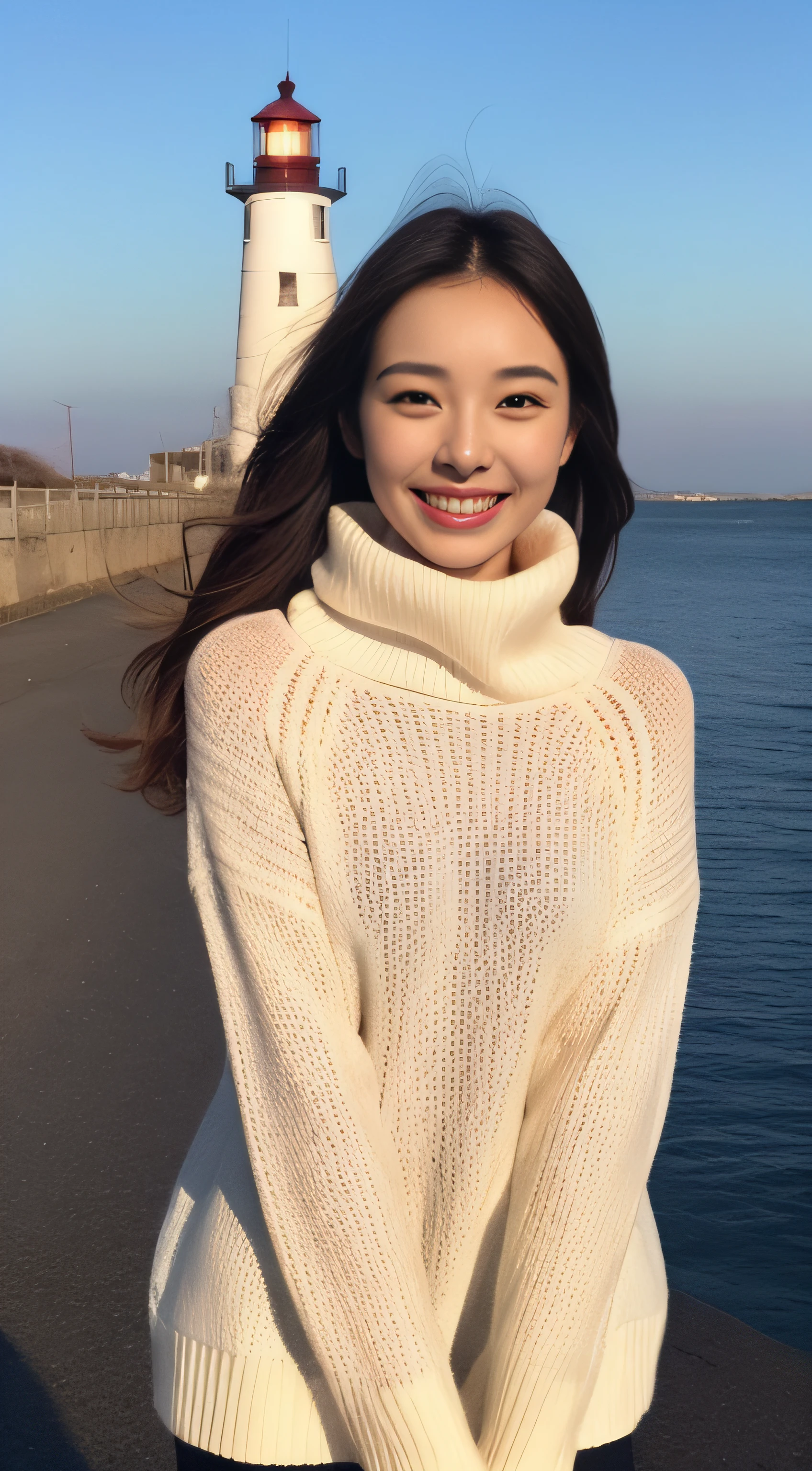 The face is a hostess、Turtleneck sweater、hiquality、A hyper-realistic、healthy、Smiling expression、Slender perfect figure、Japan beauties、beautidful eyes、face perfect、Beautiful skin、lighthouse、Mare