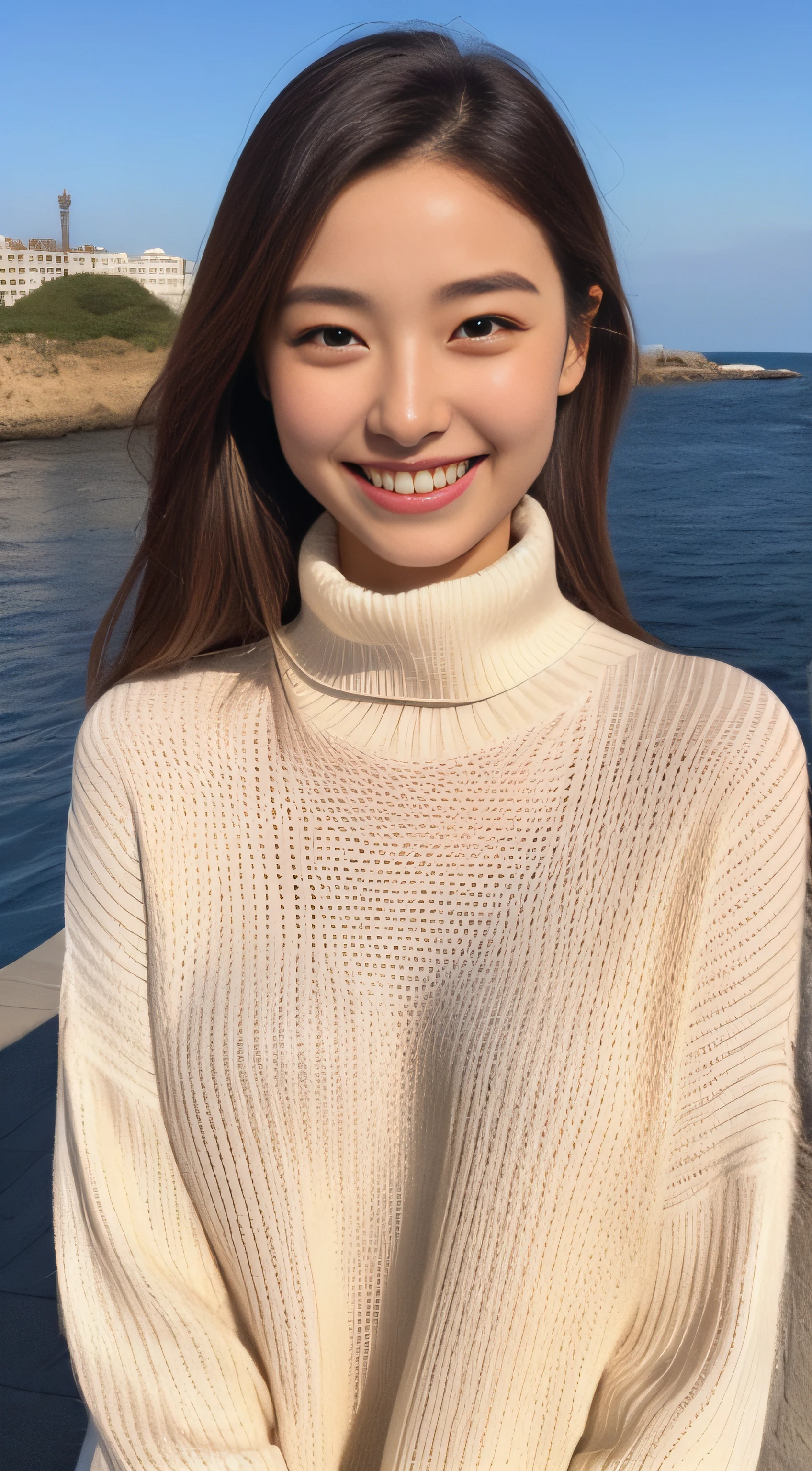 The face is a hostess、Turtleneck sweater、hiquality、A hyper-realistic、healthy、Smiling expression、Slender perfect figure、Japan beauties、beautidful eyes、face perfect、Beautiful skin、lighthouse、Mare