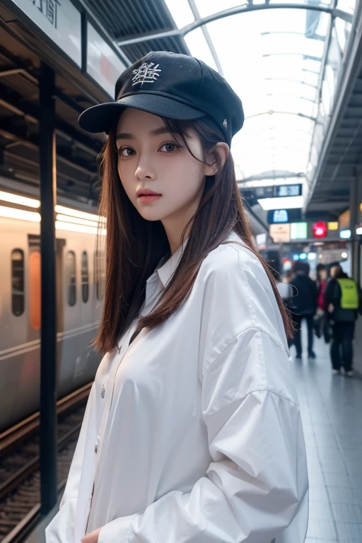(Best quality at best),(tmasterpiece), (Extremely detailed 8K wallpaper),ultra - detailed,电影灯光, detailedlight, The best shadow, Moving angle, From Under, Train station, trains, signal lights, 1boys, Leonard Deng, redheadwear, Water-colored eyes, 耳Nipple Ring, single horn, There are streaks on the face, shine, white shirt,, 详细的脸, Detailed reflective eyes, pretty eyes, The face is extremely detailed,reflective hair,