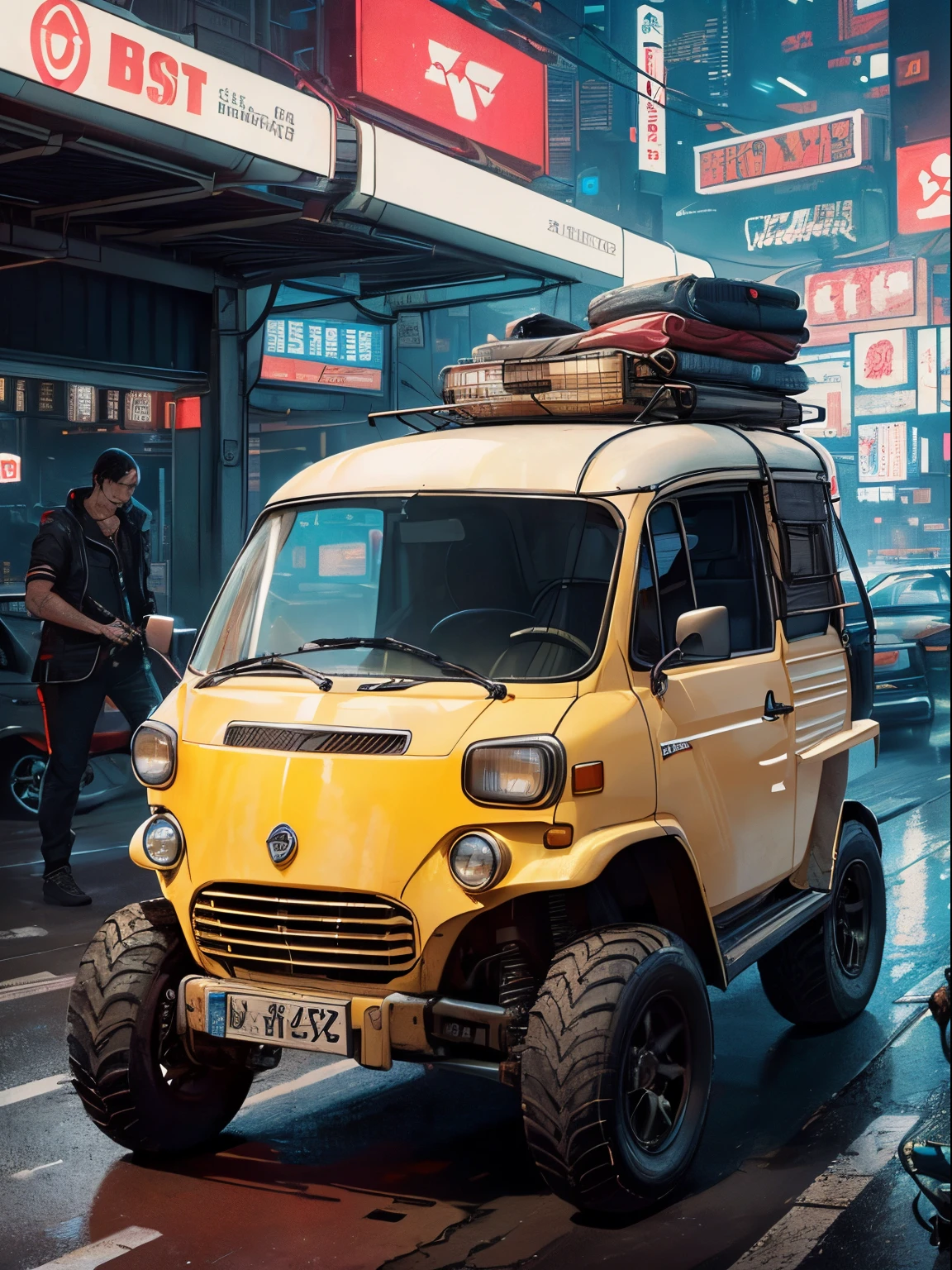 (at late night:1.3), , (detailed beautiful skin textures, detailed beautiful face, ultra detailed clothing textures), , (Cyberpunk:1.4), , (an ultra detailedfour-wheeled and long bonnet tuk-tuk with load on roof carrier and eear loading platform with luggage on it and letter-tyres), , (3/4 front view, The car is in the center of the frame), , (at parking area, at ultra detailed Night City of Cyberpunk), (All cars are classic cars with cyberpunk custumed), , (softlighting), , (masterpiece, best quality:1.4, 8k, ultra detailed, illustration, distinct_image, intricate_details, delicate illustration), (realistic:0.15),