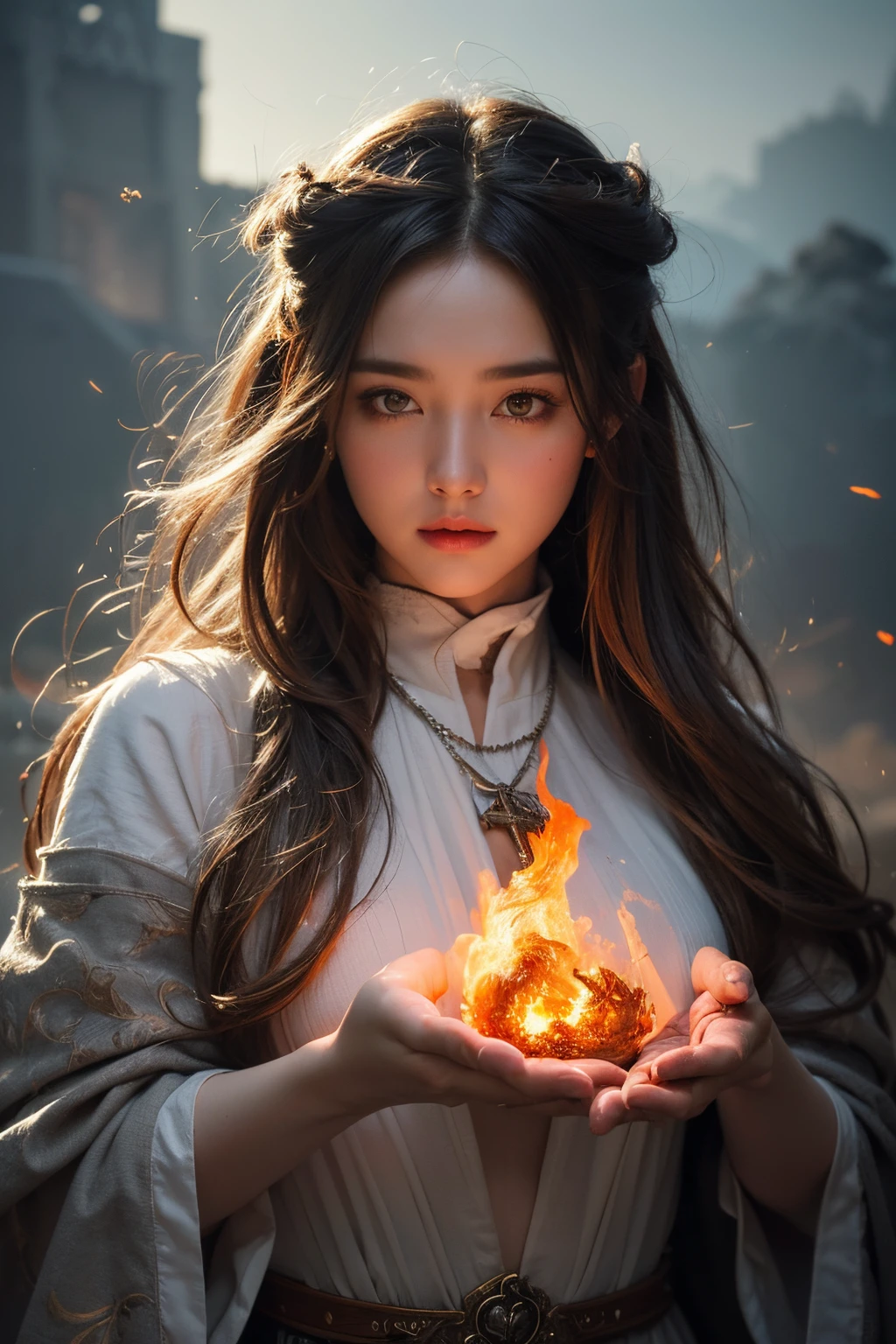 priestess body made out of ash cloud with burning nimbus, perfect fiery photography by Mark Mann, Wlop, Albrecht Dürer, wlop, muted wet colors, intricate detailed, stunning, fire, smoke, beautiful, cloudy, fluffy, static charge, sacral portrait, artistic masterwork by head of prompt engineering