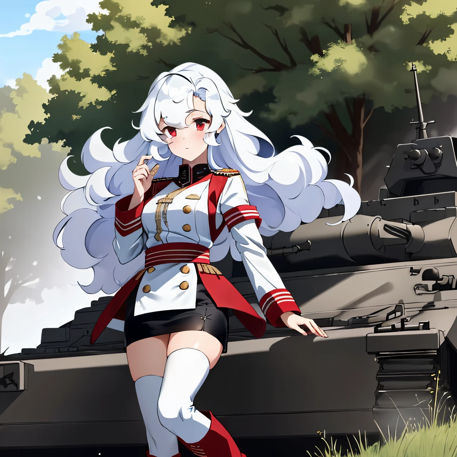 1girl, alpha1918, military clothes, military skirt, pencil skirt, long boots, medals, white hair, curls, (tank at background), stockings, boots, armored vehicle, military vehicle, forest, standing, red eyes