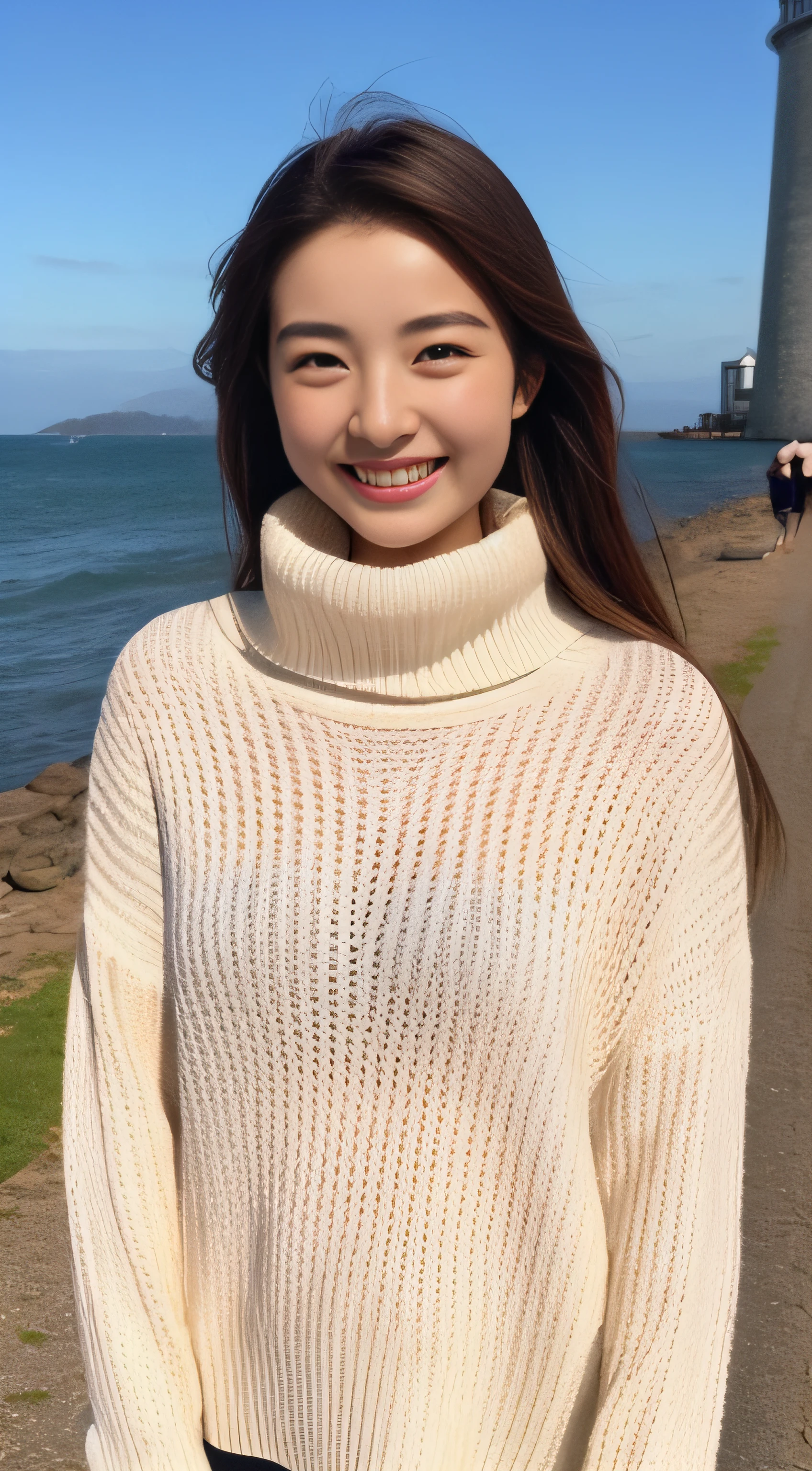 The face is a hostess、Turtleneck sweater、hiquality、A hyper-realistic、healthy、Smiling expression、Slender perfect figure、Japan beauties、beautidful eyes、face perfect、Beautiful skin、lighthouse、Mare