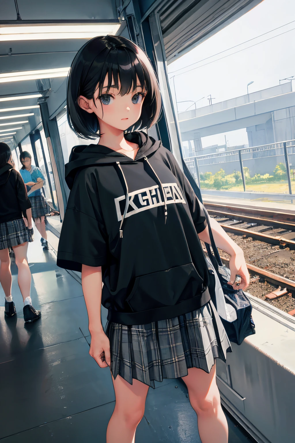 Children,(masterpiece,Highest Quality),Short sleeve hoodie,Grey plaid skirt,A dark-haired,train