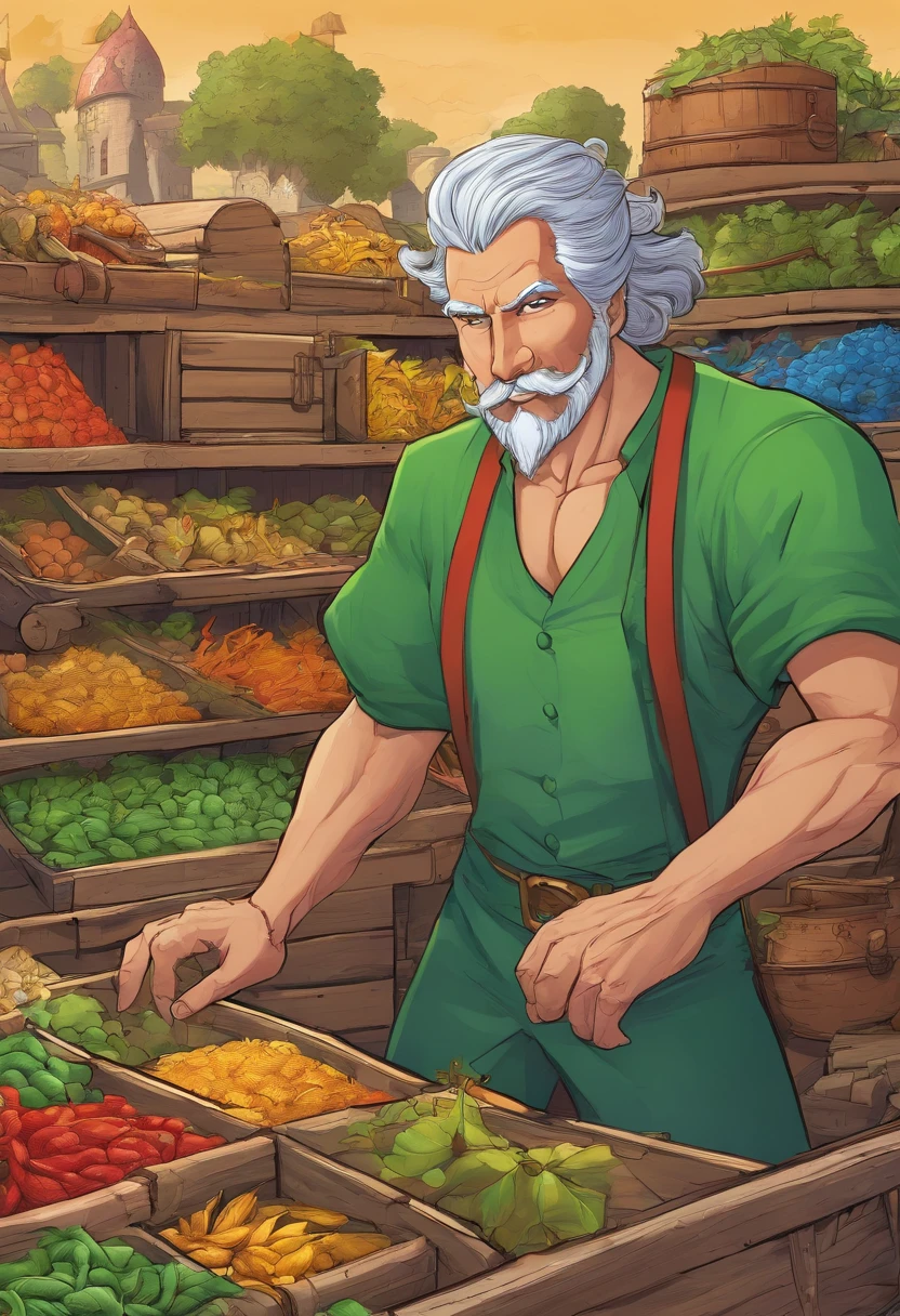 male food merchant, beautiful eyes, green shirt with white sleeves, green pants, gray hair, gray mustache, next to a wooden cart, next to wooden barrels and boxes, far behind is a magical forest, fantasy, Middle Ages, artstation, hdr, intricate details, cinematic, best quality, 4k, 8k, highres, masterpiece