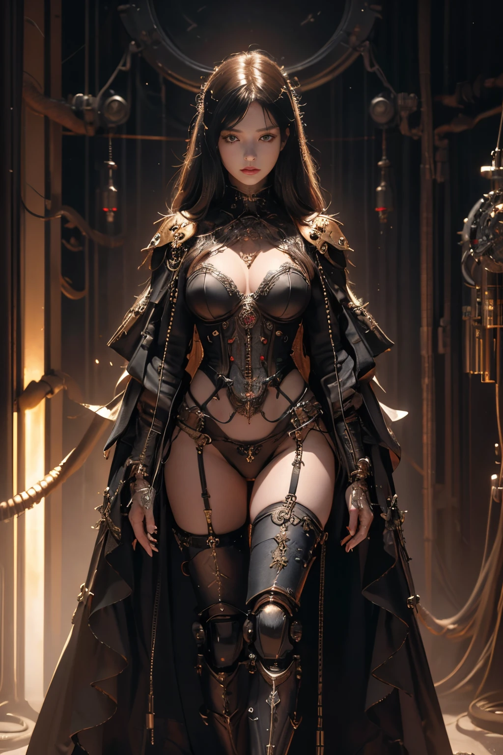 1 Mechanical Girl 、 ((super realistic details)) 、 portlate 、 Global Illumination 、 shadowy 、 Octane Rendering 、 8K 、 ultrasharp 、 Steampunk Cyborg Body 、 Metal 、 Intricate decoration details 、 cool color 、 Gothloli details 、 highly intricate detail 、 Realistic light 、 Trends in CG、Golden Eyes、Shining eyes、Facing the camera、neon details、Colossal breasts、Visible cleavage、mechanical parts、blood vessels connected to tubes、Mechanical vertebrae attached to the back、Mechanical cervix attached to the neck、Standing、full body Esbian、Wired and cables connected to the head、The background is a steampunk room、Long legs、Twin-tailed