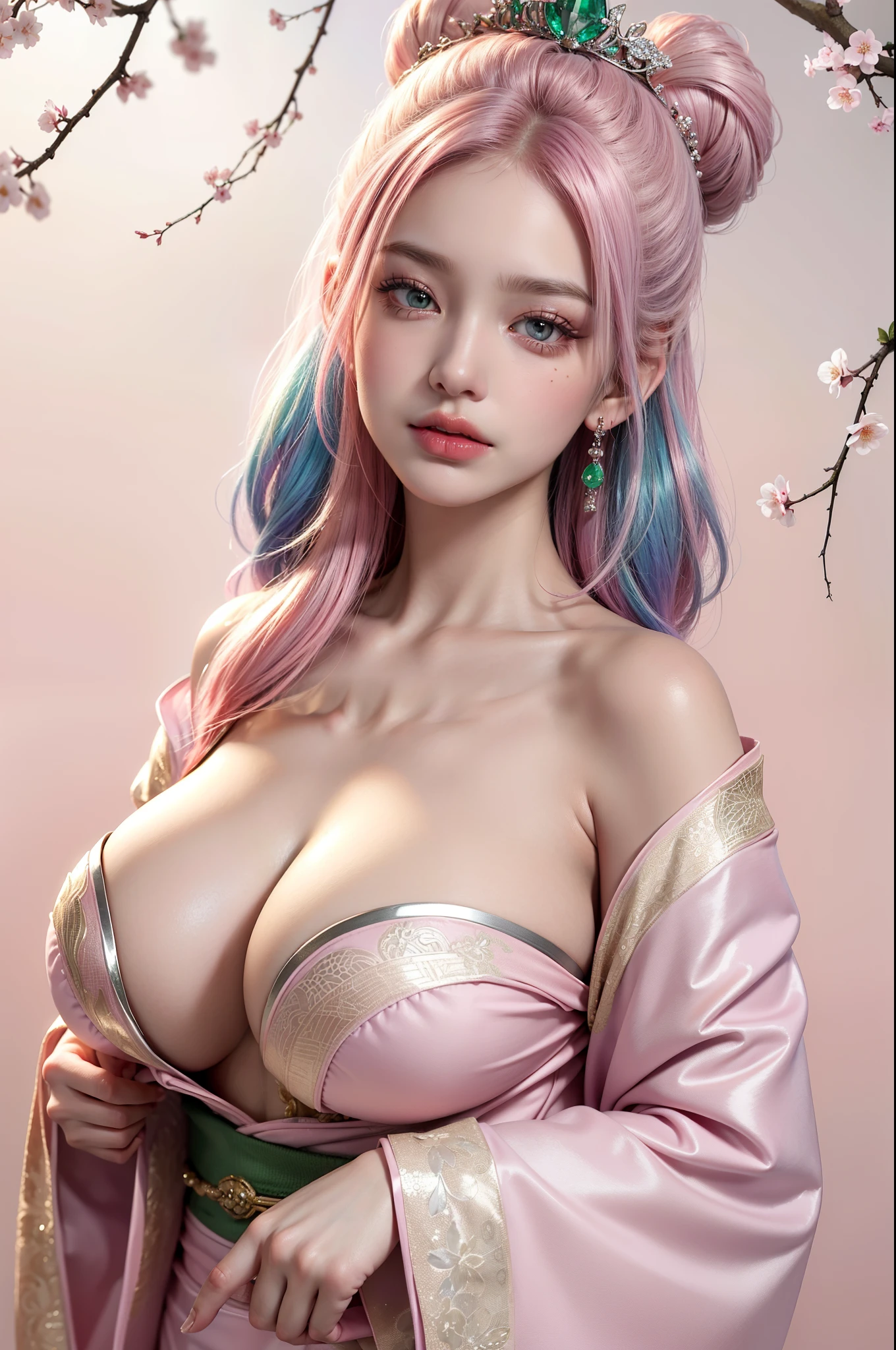 (masterpiece), best quality, expressive eyes, perfect face, beautiful details face, beautiful round eyes, full body, A beautiful mature woman in kimono Dress her Extremely busty and attractive breasts, (arrogant face, seductive gesture), (random hair colours), glowing hair, multicolored hair, (random hairstyles, shiny hair, gradient hair, colored inner hair, straight hair, medium short hair), (covered chest), fair skin, (beautiful detailed kimono Dress:1.3), (pink and white colour scheme), beautiful details eyes, (emerald eyes:1.3), (glowing eyes), hair ornament, (Gigantic saggy breasts:1.3), thick body, (thick belly), (well accentuated curves), pink lips, (silver nails), mascara, Long eyelashes, eyeliners, (Extremely wide well defined hips:1.3), (beautiful massive thick thighs), tall slender figure, (Extremely detailed skin texture:1.3), beautiful detailed realistic muscle definition, golden light that shimmer, high detailed eyes, ultra-high quality model, proportionate, intense colouration fantasy, (Cherry blossom background), beautiful background, pink and silver tetradic colours, jewelry, ring, earring, (1girl), solo, Capture whole body, (full body shot:1.4)
