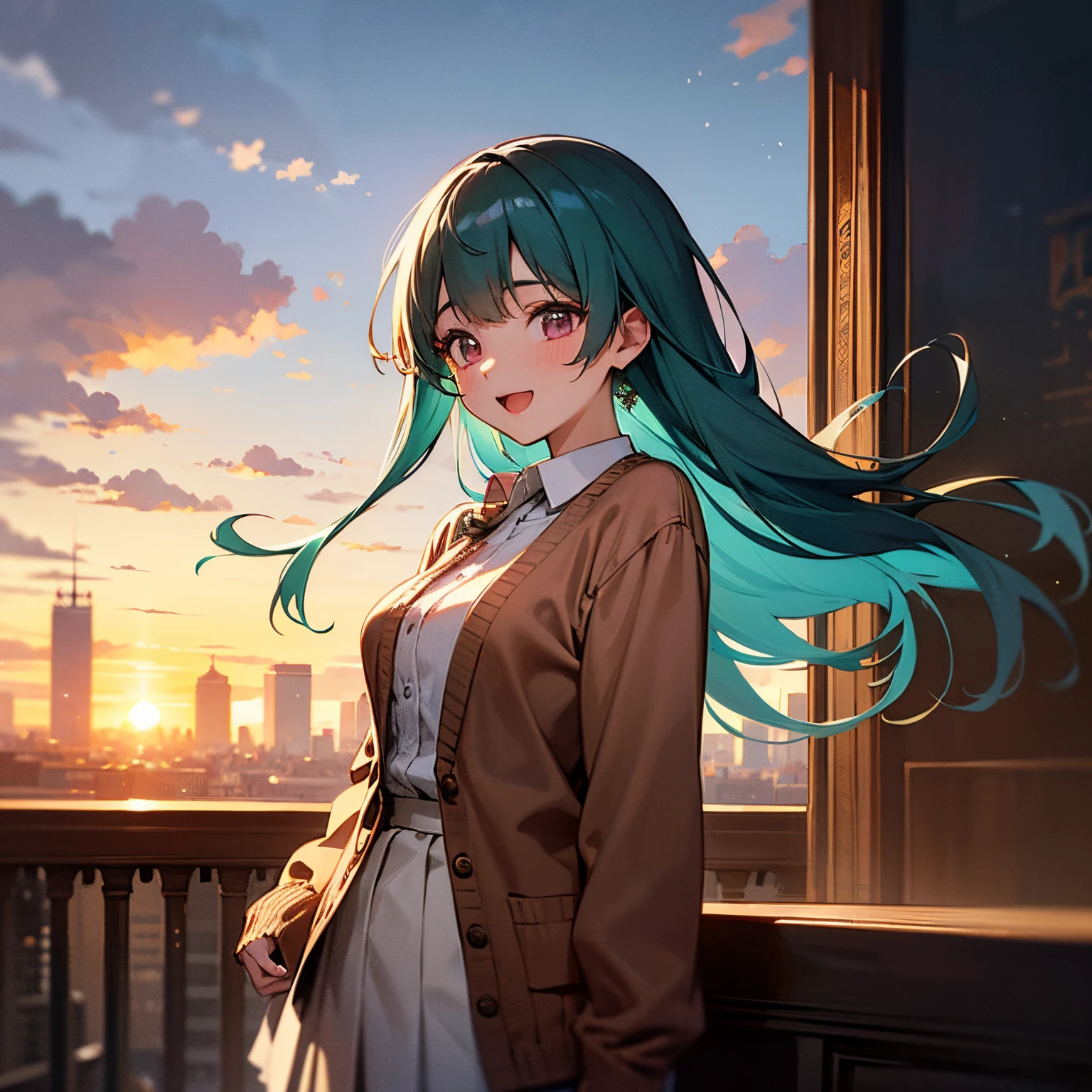 masterpiece, best quality, high quality,
highly detailed, beautiful, intricate details, 
1girl, solo, (cheerful:1.2), 
aqua hair, long hair,
burgundy eyes,
breasts, 
Cardigan, white pleated skirt,
BREAK
outdoors, cityscape, building, sunset, cloudy sky, 
BREAK
(sepia background:0.7), (depth of field:0.8), film grain,