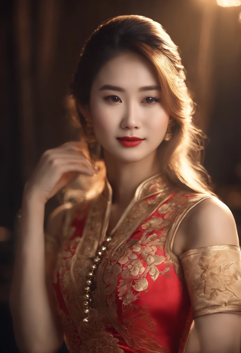 Best Quality, masutepiece, hight resolution, 1girl in,qipao dress,Hair Ornament,Necklace, Jewelry,Beautiful face,Inserting a into the_Body, Tindall Effect,Photorealistic, Dark Studio, Rim lighting, two tone lighting,(High detailed skin:1.2), 8K UHD, Digital SLR, Soft lighting, High quality, Volumetric lighting, Candid, photograph, High resolution, 4K, 8K, Bokeh, Blonde hair,