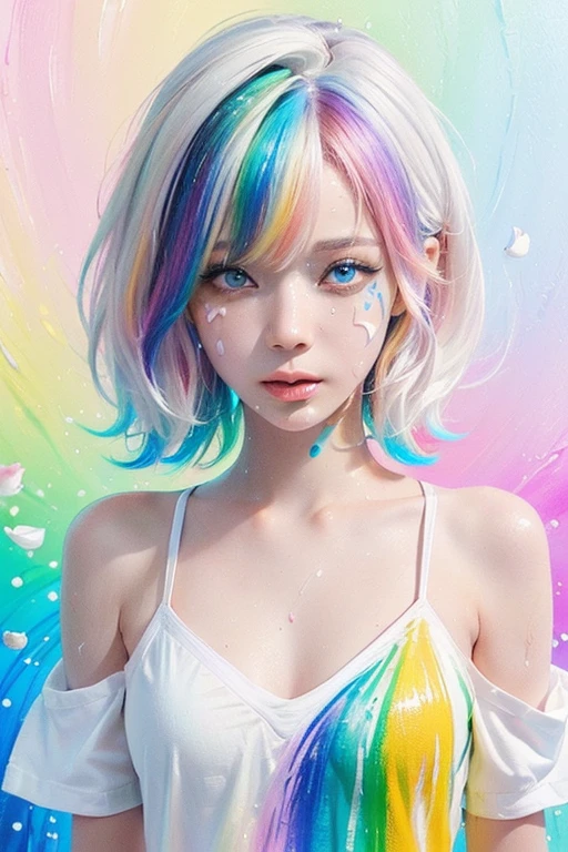 （Pink Fashion T-shirt：1.9），(Colorful hair: 1.8), (all the colours of the rainbow: 1.8),(((((vertical painting：1.6))), （painting：1.6），front, comics, illustrations, paintings, large eyes, crystal clear eyes,（ rainbow color gradient high ponytail：1.7）, exquisite makeup, closed mouth,(Small Fresh: 1.5),(Wipe Chest: 1.6) ，long eyelashes, white off shoulder T-shirt,  White Shoulder Shirt，looking at the audience, large watery eyes, (rainbow colored hair：1.6), color splash, （solo：1.8）, color splash, color explosion, thick paint style, messy lines, ((shining))，(colorful), (colorful), (colorful), colorful, Thick Paint Style, (Splash) (Color Splash), Vertical Painting, Upper Body, Paint Splash, Acrylic Pigment, Gradient, Paint, Highest Image Quality, Highest Quality, Masterpiece, Solo, Depth of Field, Face Paint,  colorful clothes, (Elegant: 1.2), gorgeous,long hair, wind, (Elegant: 1.3), (Petals: 1.4)，(((masterpiece))),(((best quality))),((ultra-detailed)),(illustration),(dynamic angle),((floating)),(paint),((disheveled hair)),(solo),(1girl) , (((detailed anima face))),((beautiful detailed face)),collar,bare shoulders,white hair, ((colorful hair)),((streaked hair)),beautiful detailed eyes,(Gradient color eyes),(((colorful eyes))),(((colorful background))),(((high saturation))),(((surrounded by colorful splashes))),