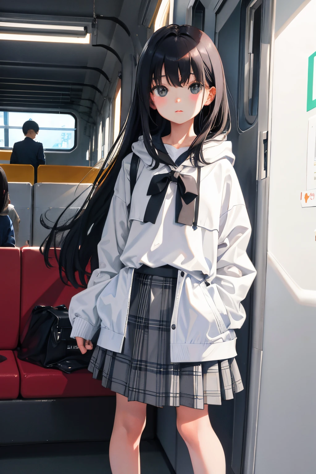 Children,(masterpiece,Highest Quality),White hoodie,Grey plaid skirt,A dark-haired,Train