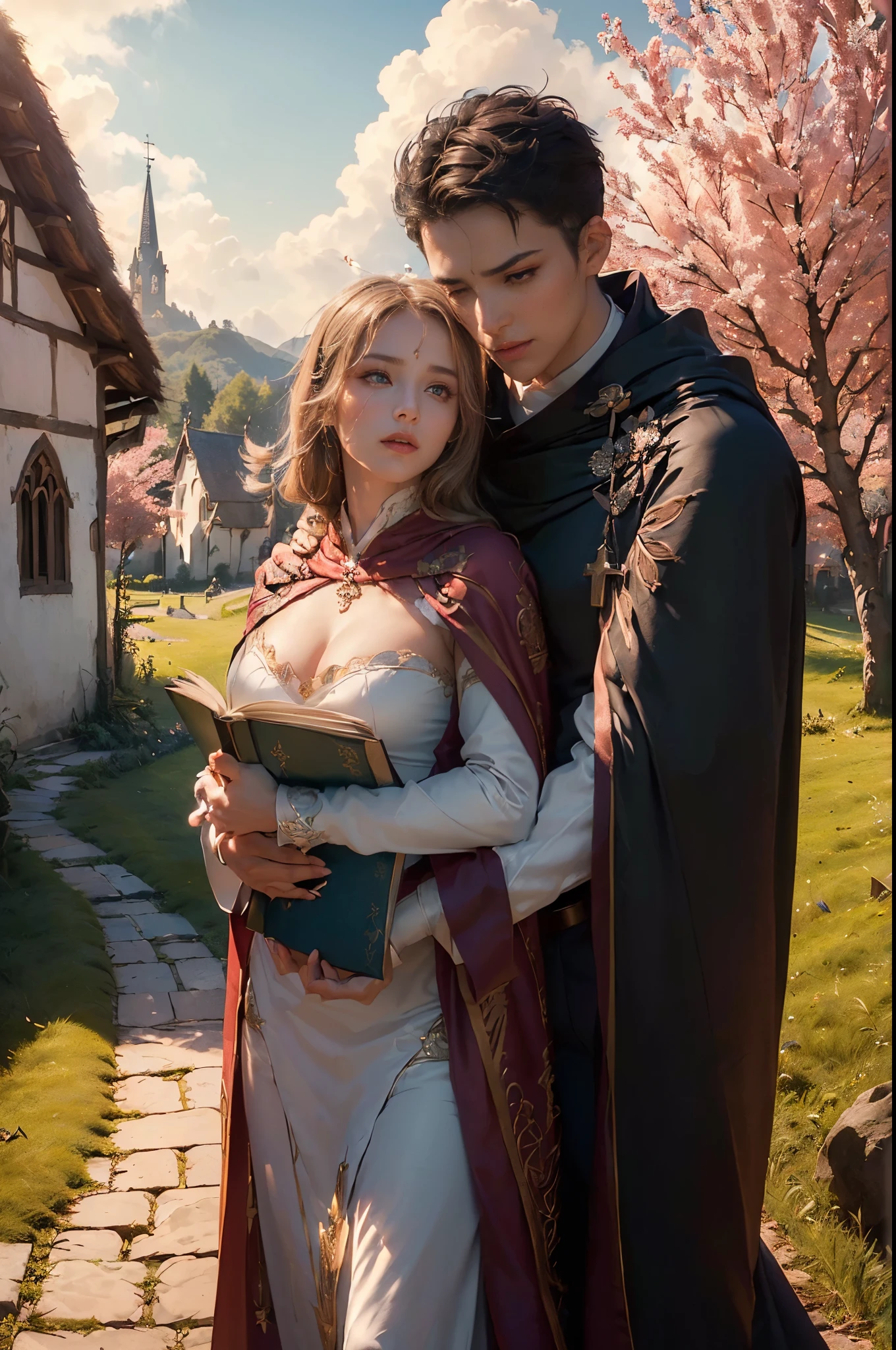 ((generate a beautifull female priest with scared face, stand at village road, wearing sexy priest cloth, showing cleaveage, hugged by a muscular handsome male warrior,villagers background, tree behind, (luxury cloak), hold a book, beautifull sky, beautifull scene, detail village houses, detail church background, detail road, beautifull face, pretty face, beautifull eyes, beautifull nose, raytracing, beautifull fingers, beautifull hands, (4 fingers in 1 hand),closed up photoshoot, pretty makeup, perfect anatomy, good lighting, professional photoshoot, sharp eye, fresh lips)