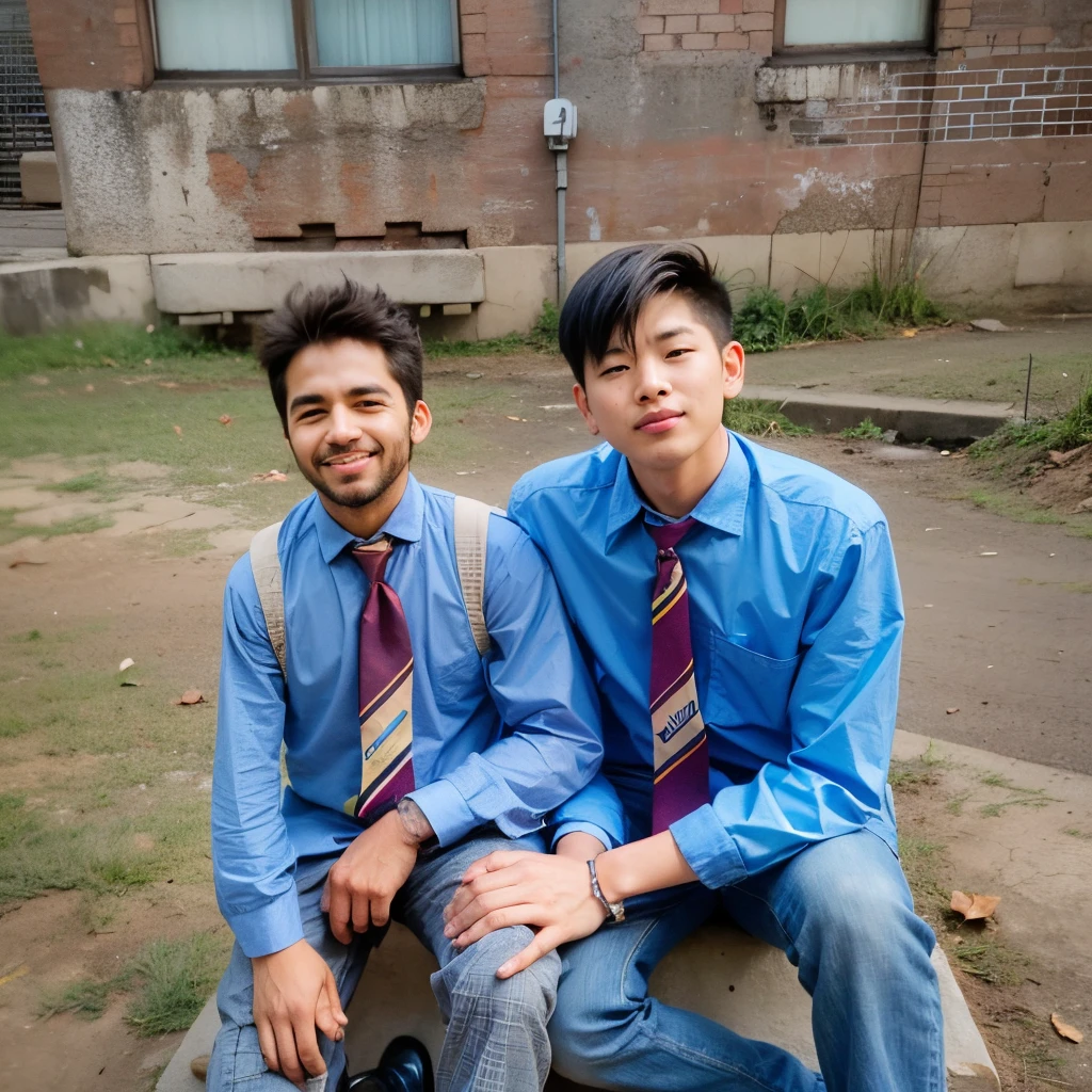 Two boys sitting on a concrete block in the park