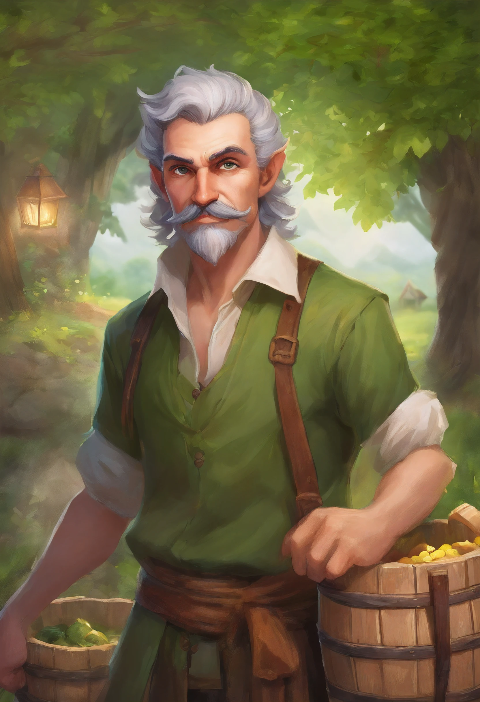 male food merchant, beautiful eyes, green shirt with white sleeves, green pants, gray hair, gray mustache, next to a wooden cart, next to wooden barrels and boxes, far behind is a magical forest, fantasy, Middle Ages, artstation, hdr, intricate details, cinematic, best quality, 4k, 8k, highres, masterpiece