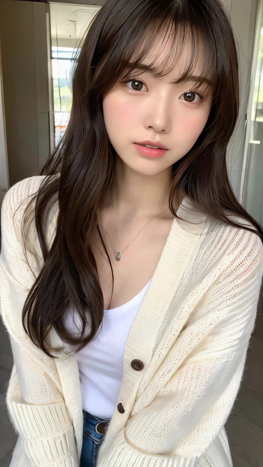 (top-quality、16K resolution)女の子1人、独奏、natural soft light、small tits、A Japanese Lady、Looking at the camera、white long sleeve knit cardigan、Concrete background、Facing the front、is standing、bobhair、Woman in her late teens、Light bangs、short-hair、Salon model、Natural look、portlate、floated hair、Rolled hair