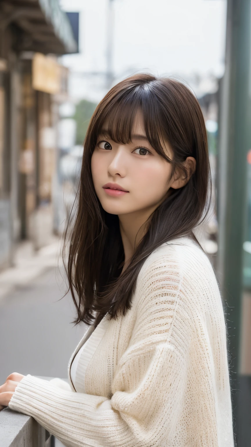 (top-quality、16K resolution)1人、独奏、natural soft light、small tits、A Japanese Lady、Looking at the camera、white long sleeve knit cardigan、Concrete background、Facing the front、is standing、bobhair、Woman in her late teeight bangs、short-hair、Salon model、Natural look、portlate、floated hair、Rolled hair