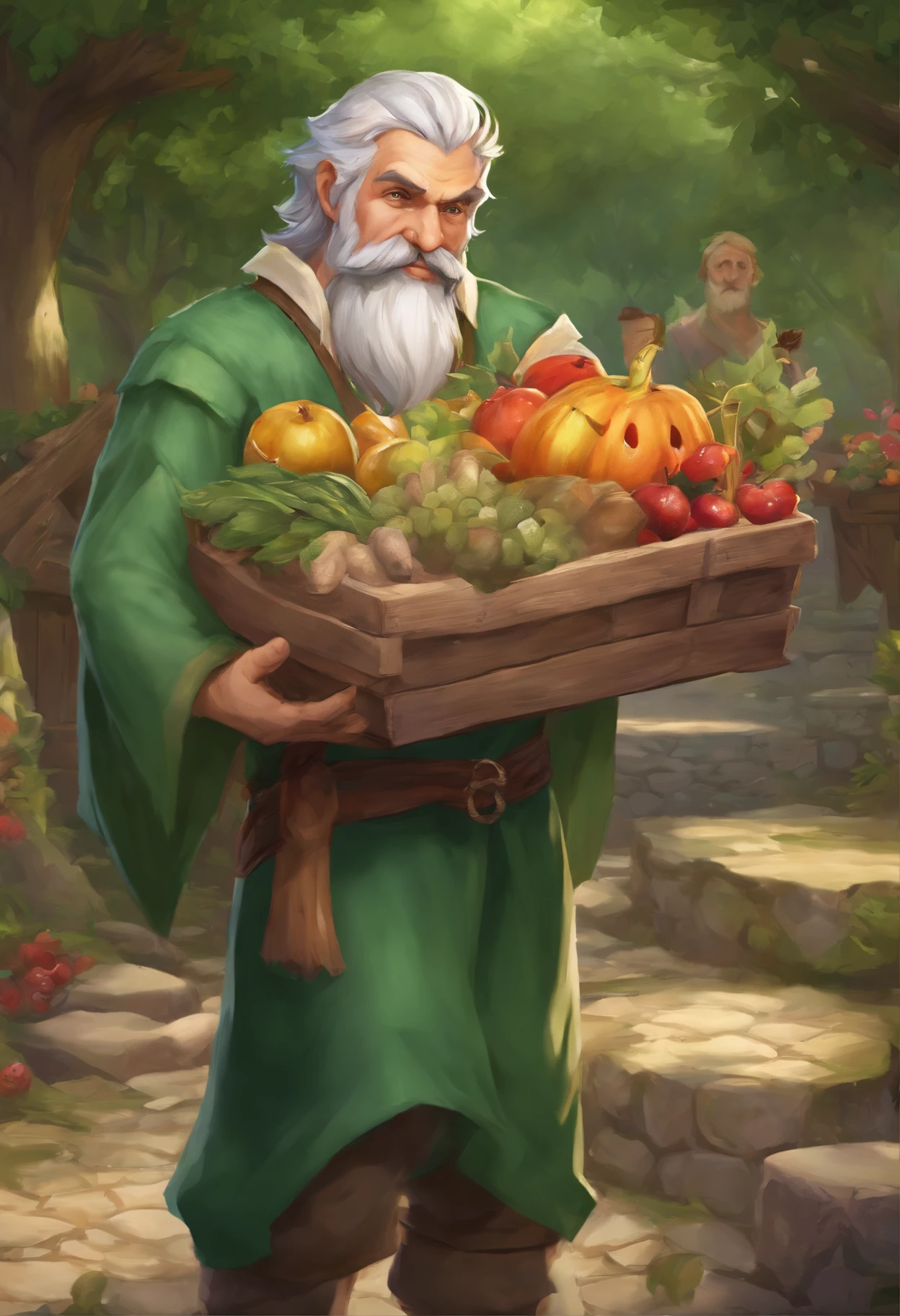 male food merchant, beautiful eyes, green shirt with white sleeves, green pants, gray hair, gray mustache, next to a wooden cart, next to wooden barrels and boxes, far behind is a magical forest, fantasy, Middle Ages, artstation, hdr, intricate details, cinematic, best quality, 4k, 8k, highres, masterpiece