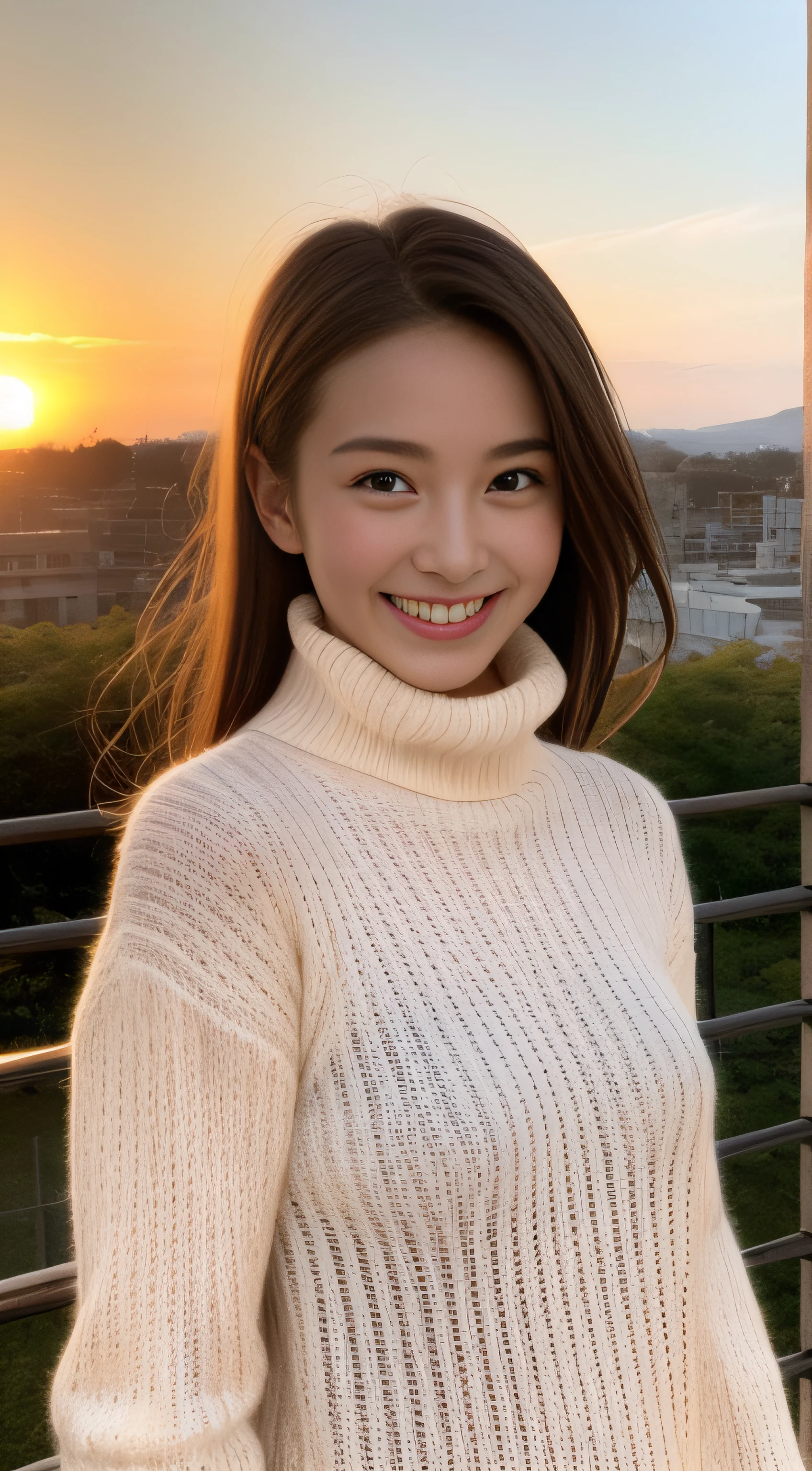 The face is a hostess、Turtleneck sweater、hiquality、A hyper-realistic、healthy、Smiling expression、Slender perfect figure、Japan beauties、beautidful eyes、face perfect、Beautiful skin、the setting sun、Mare
