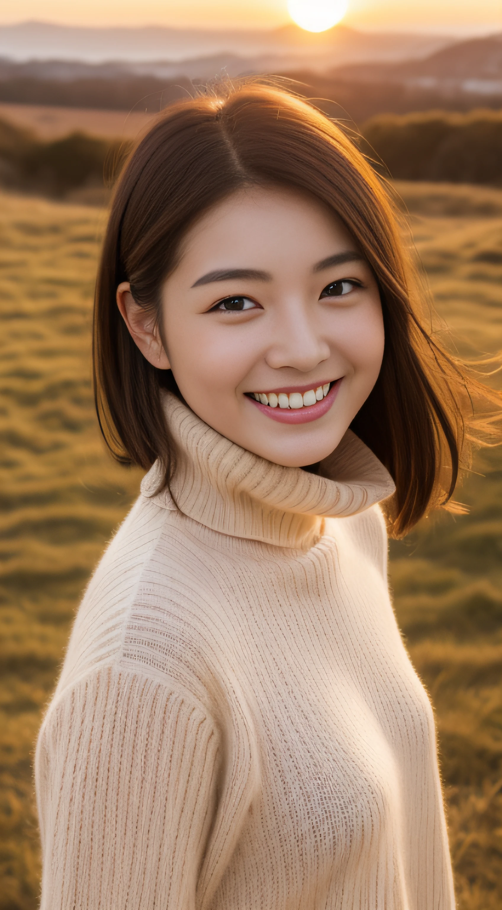 The face is a hostess、Turtleneck sweater、hiquality、A hyper-realistic、healthy、Smiling expression、Slender perfect figure、Japan beauties、beautidful eyes、face perfect、Beautiful skin、the setting sun、Mare