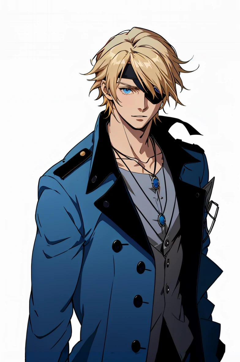 Wearing a blue coat、blond hairbl、Blue-eyed anime characters, Tall anime character with blue eyes, anime handsome man, male anime characters, handsome anime pose, Key anime art, Anime handsome avatar, Male anime style, Official character art, trigger anime artstyle,white backgrounid