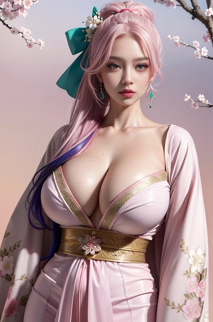 (masterpiece), best quality, expressive eyes, perfect face, beautiful details face, beautiful round eyes, full body, A beautiful mature woman in kimono Dress her Extremely busty and attractive breasts, (arrogant face, seductive gesture), (random hair colours), glowing hair, multicolored hair, (random hairstyles, shiny hair, gradient hair, colored inner hair, straight hair, medium short hair), (covered chest), fair skin, (beautiful detailed kimono Dress:1.3), (pink and white colour scheme), beautiful details eyes, (emerald eyes:1.3), (glowing eyes), hair ornament, (Gigantic saggy breasts:1.3), thick body, (thick belly), (well accentuated curves), pink lips, (silver nails), mascara, Long eyelashes, eyeliners, (Extremely wide well defined hips:1.3), (beautiful massive thick thighs), tall slender figure, (Extremely detailed skin texture:1.3), beautiful detailed realistic muscle definition, golden light that shimmer, high detailed eyes, ultra-high quality model, proportionate, intense colouration fantasy, (Cherry blossom background), beautiful background, pink and silver tetradic colours, jewelry, ring, earring, (1girl), solo, Capture whole body, (full body shot:1.4)