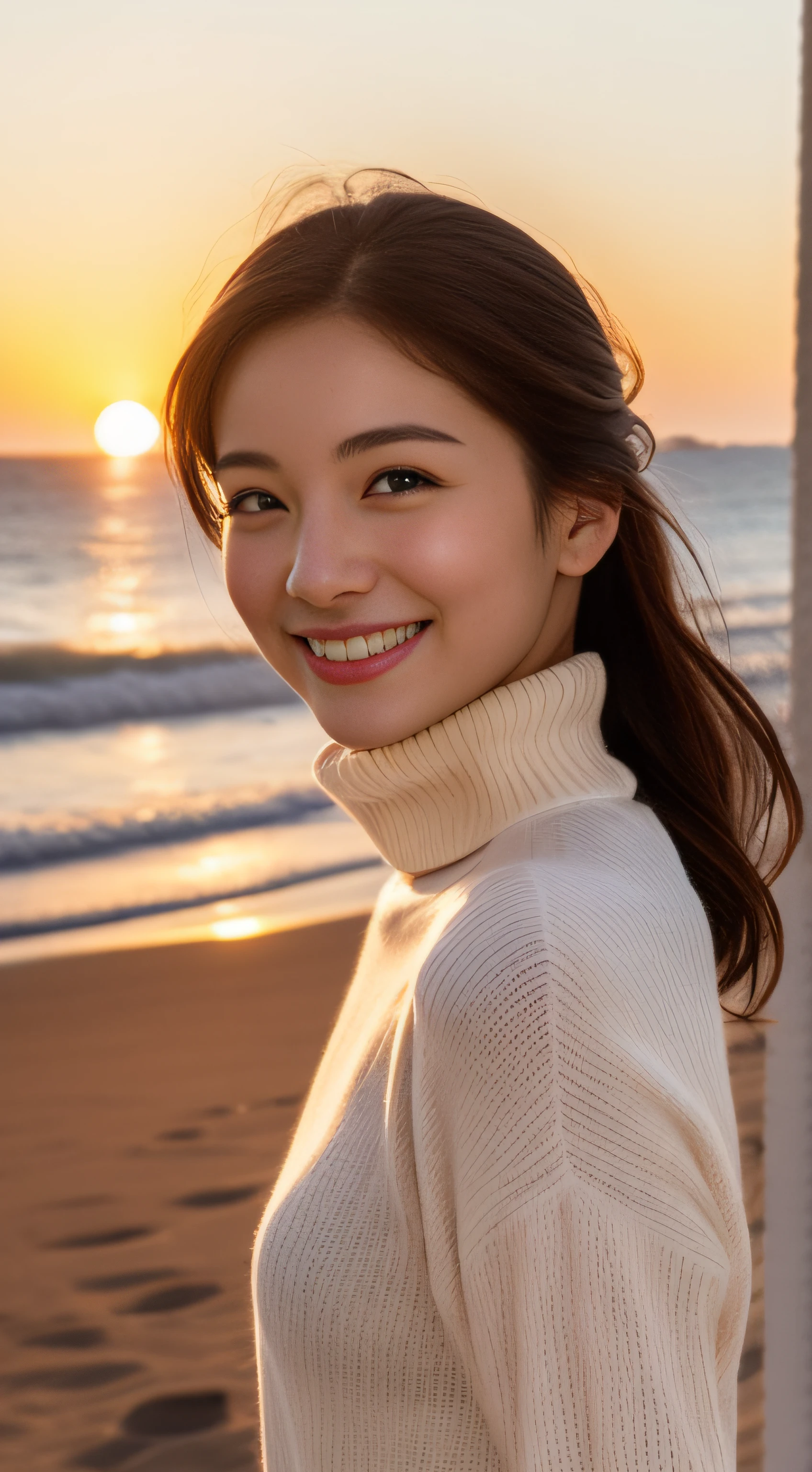 The face is a hostess、Turtleneck sweater、hiquality、A hyper-realistic、healthy、Smiling expression、Slender perfect figure、Japan beauties、beautidful eyes、face perfect、Beautiful skin、the setting sun、Mare