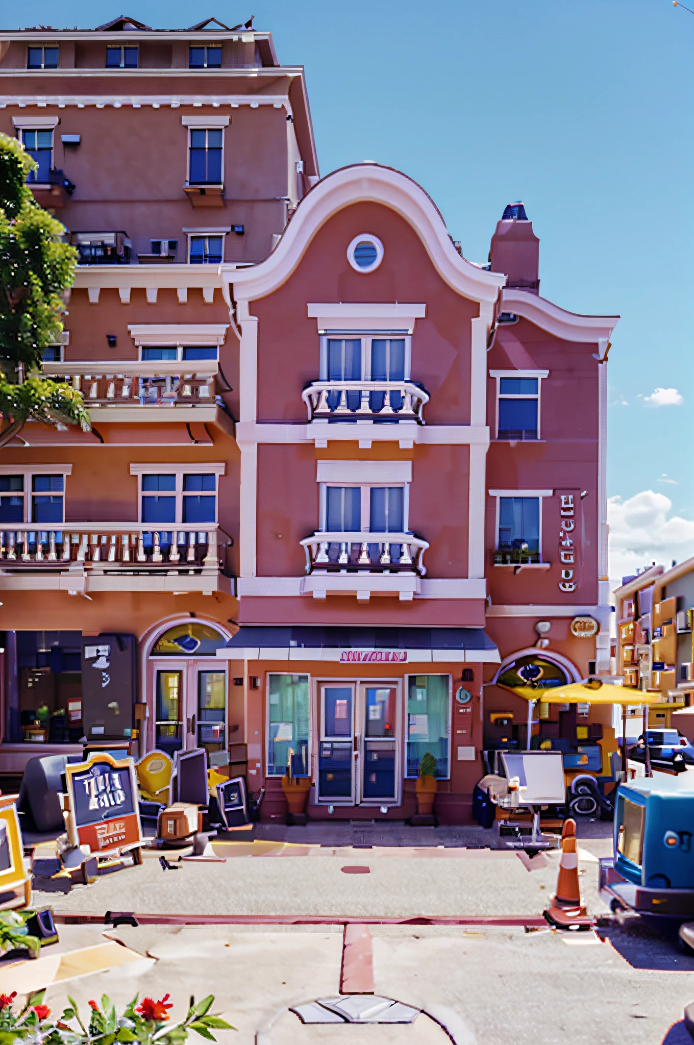 Single-family building features：in a panoramic view、Hotel、cartoonish style