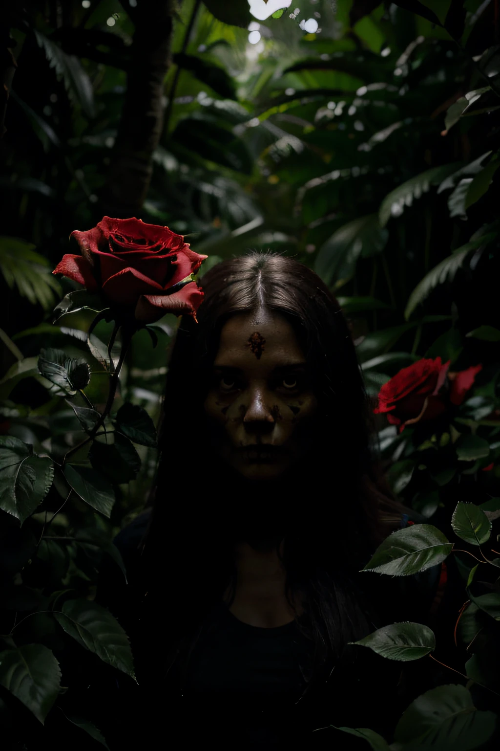 Generate a captivating image featuring a The scene unfolds in a dense jungle at day, black skull emerges from the shadows with red roses.