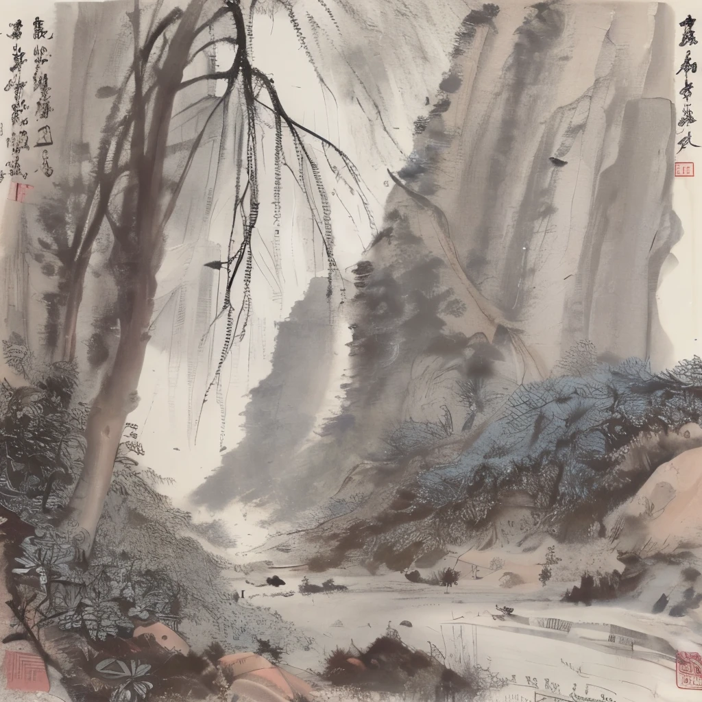 A close-up of a painting of mountains and rivers, Chinese landscape, Chinese painting, Chinese ink painting，