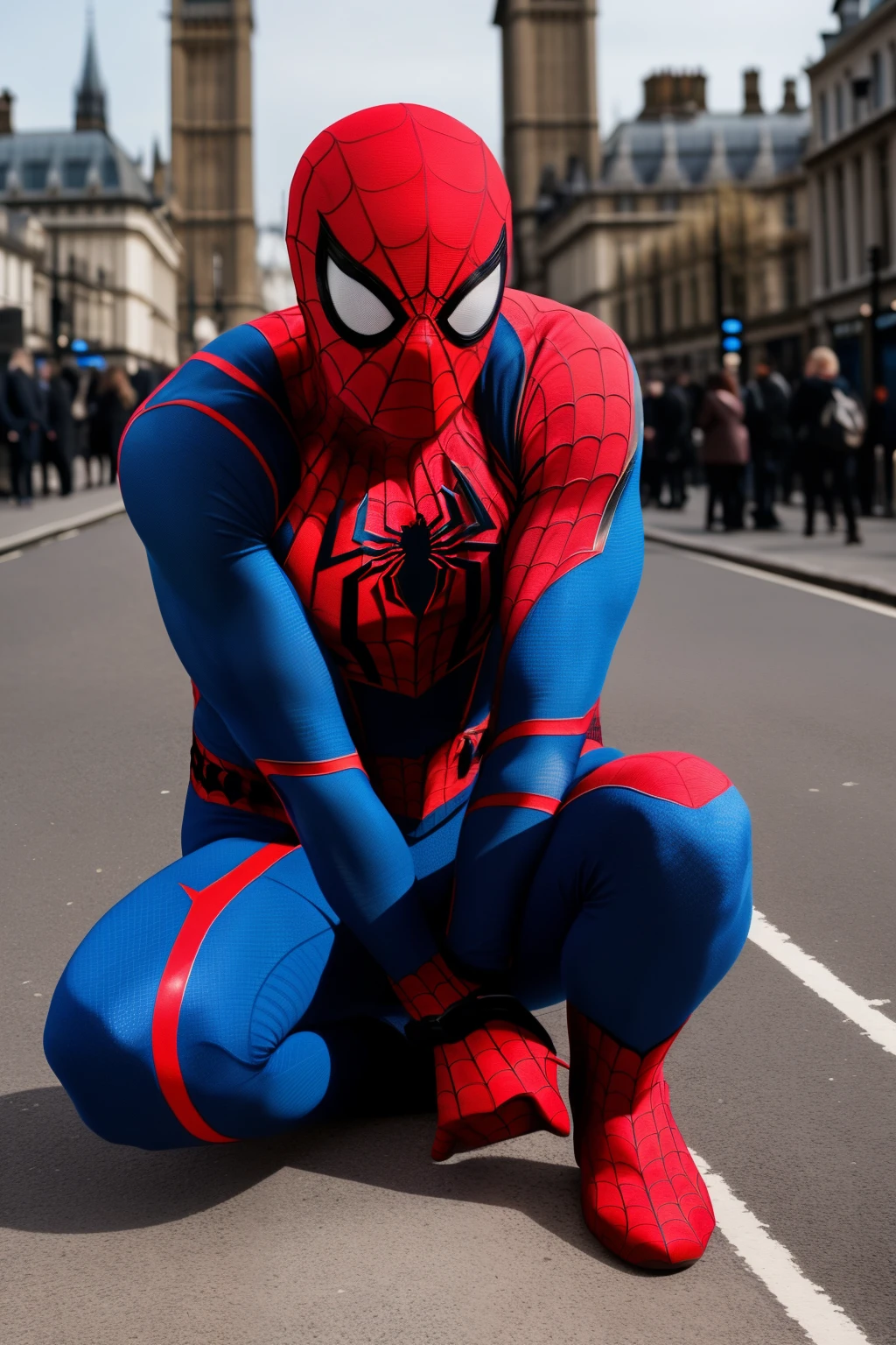 Spider man avec une tenue blanche et les jambes en bleu et le logo d’araignée en rouge et les yeux blanc avec une lumière bleue claire
Dans la ville de Londres