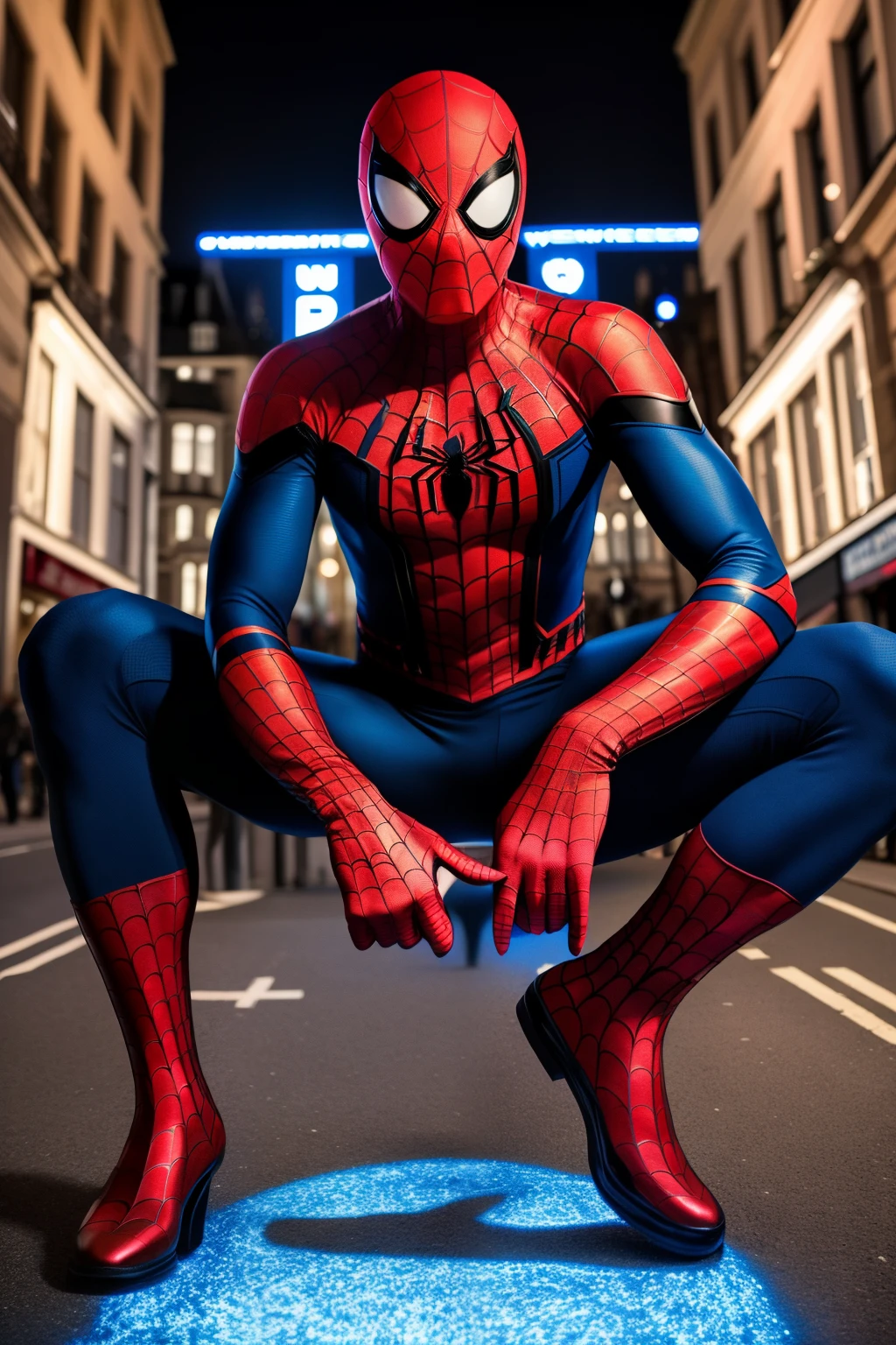 Spider man avec une tenue blanche et les jambes en bleu et le logo d’araignée en rouge et les yeux blanc avec une lumière bleue claire 
Dans la ville de Londres