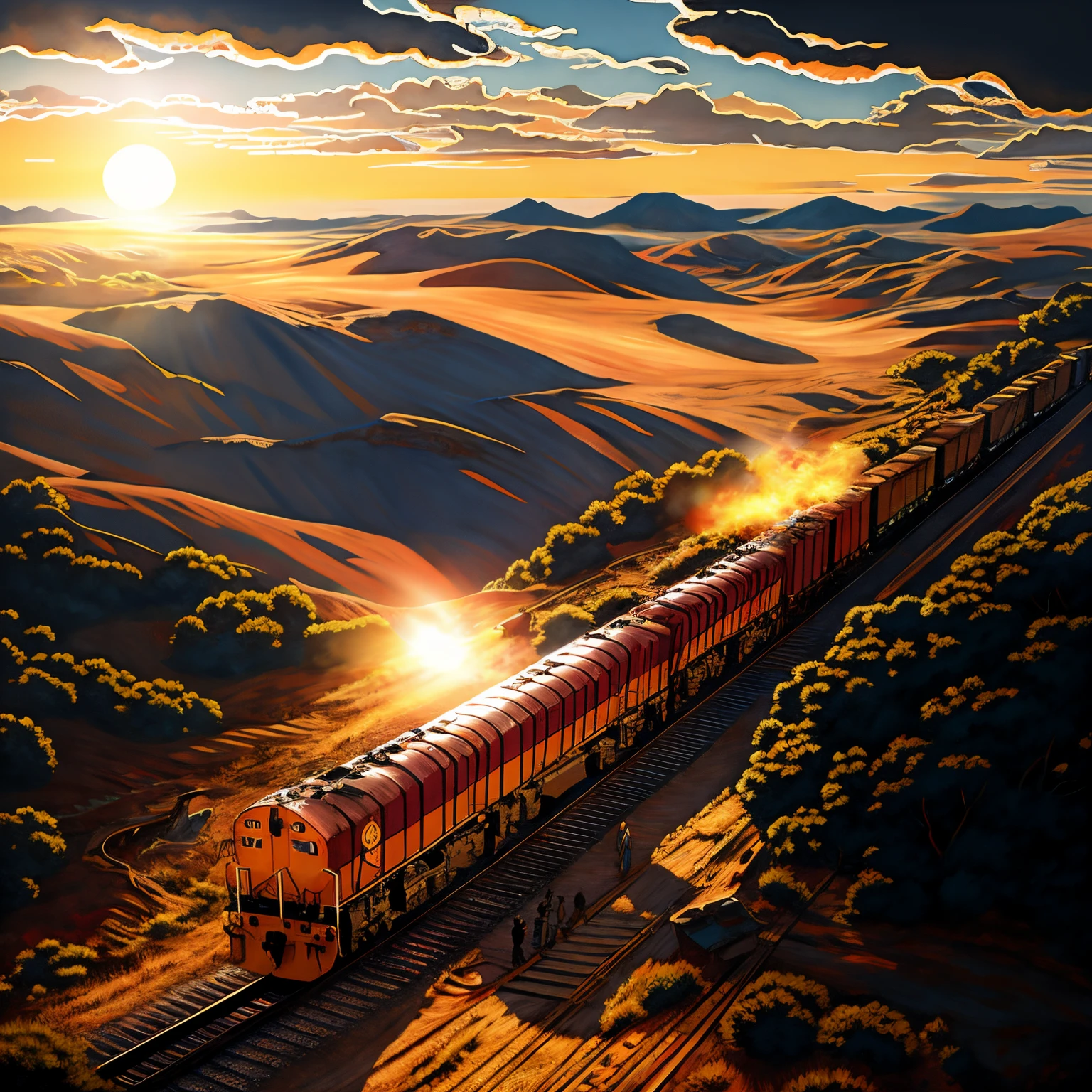 train running in a whimsical woodland realm akin to the Smurf Village