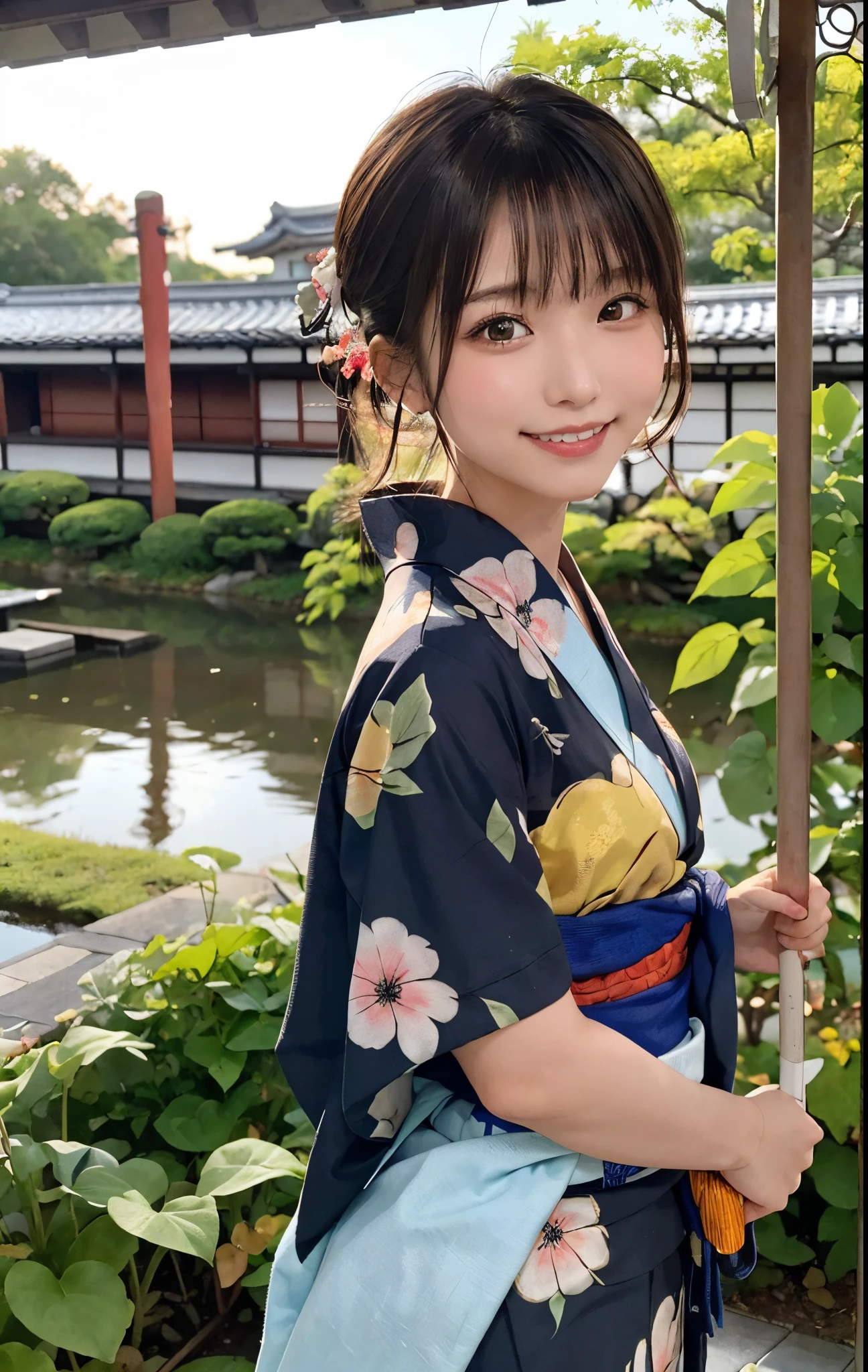 Top quality, intricate details, 1girl, subaru_kimono, (cute girl, yukata, morning glory, black hair), ((fireworks)),(wind chimes,goldfish,bubbles),hair bows, hair flowers, garden, summer, (((outdoor)), (East Asian architecture: 0.6), backlit, diffused lighting, smiles, traditional Japan Japanese atmosphere: 1.2),(Sunset: 1.1))