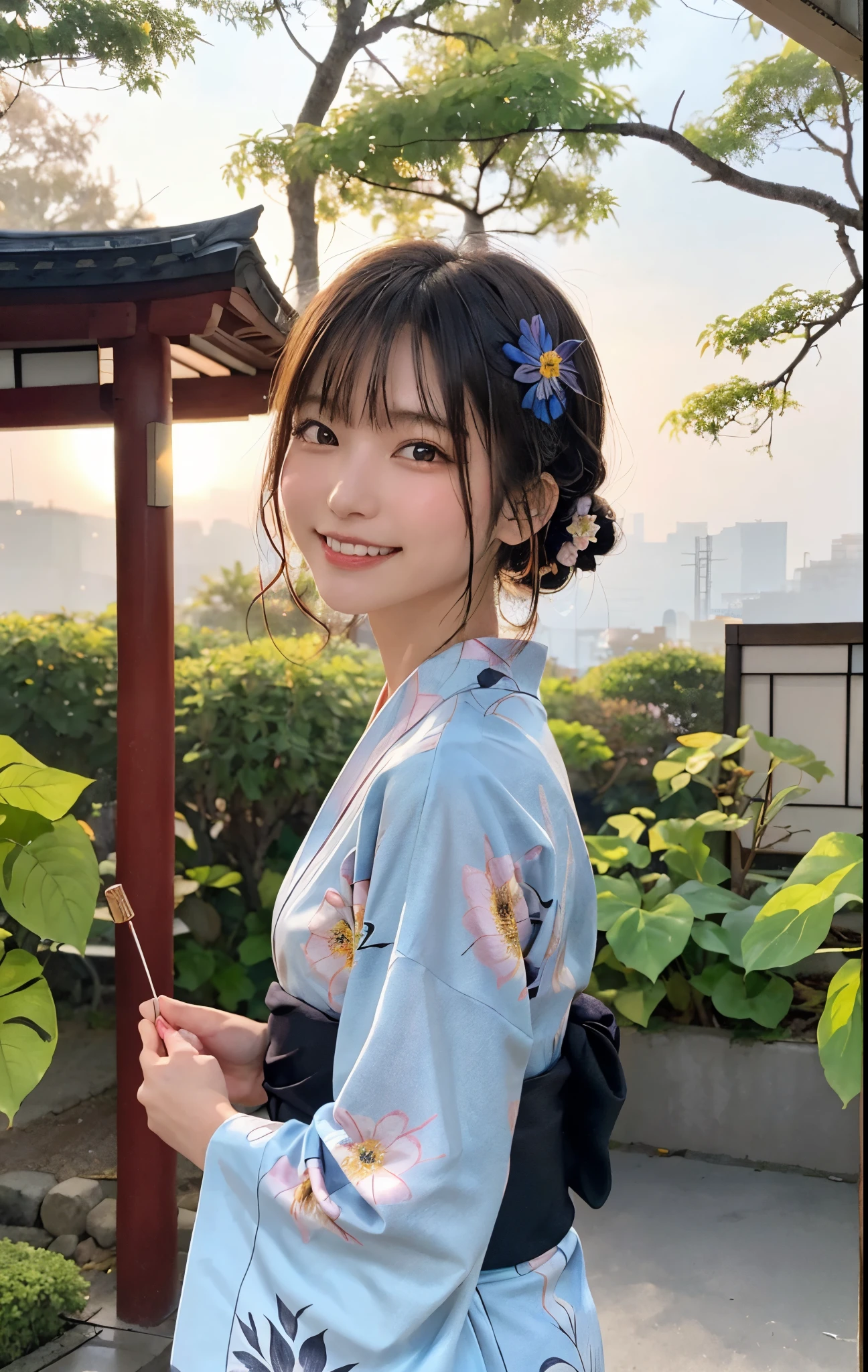 Top quality, intricate details, 1girl, subaru_kimono, (cute girl, yukata, morning glory, black hair), ((fireworks)),(wind chimes,goldfish,bubbles),hair bows, hair flowers, garden, summer, (((outdoor)), (East Asian architecture: 0.6), backlit, diffused lighting, smiles, traditional Japan Japanese atmosphere: 1.2),(Sunset: 1.1))