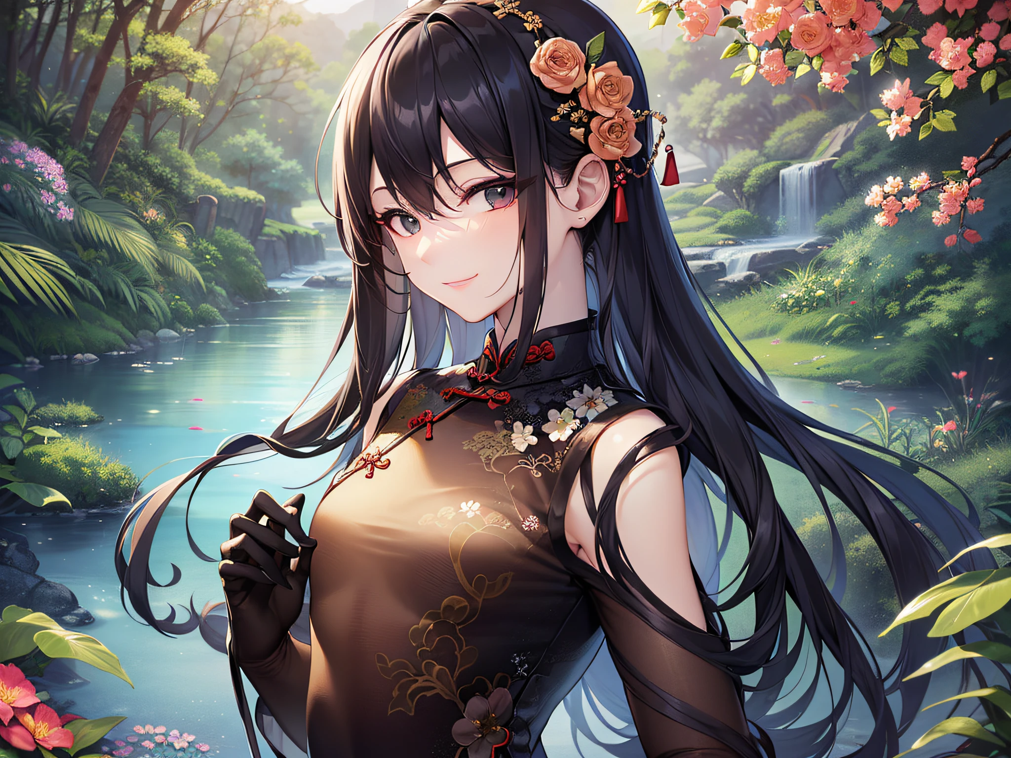 (Best Quality)), (Masterpiece), (Sharpness), 32k, (Best Quality Depiction), (Best Quality), Art, Detailed and Detailed CG Art, Detailed Human Body, Clear Air: 1.3, (Perfect Anatomy), (Flawless Body Depiction), Golden Ratio, Depiction of Perfect Woman, 1 Woman, (Chinese Adult Woman in Early Twenties), (Glossy Black Hair, Semi-Long Hair: 0.7), ( Beautiful black eyes shiny),(Dense and detailed beautiful face), (Small:1.7), (Dense and detailed beautiful perfect cheongsam:1.4,Various floral patterns,No exposure:1.6), (staring at viewer,Smile:1.3), Outdoor,Chinese garden:1.3, Wind operation:0.7, Creek murmur, Water flow, Dragon