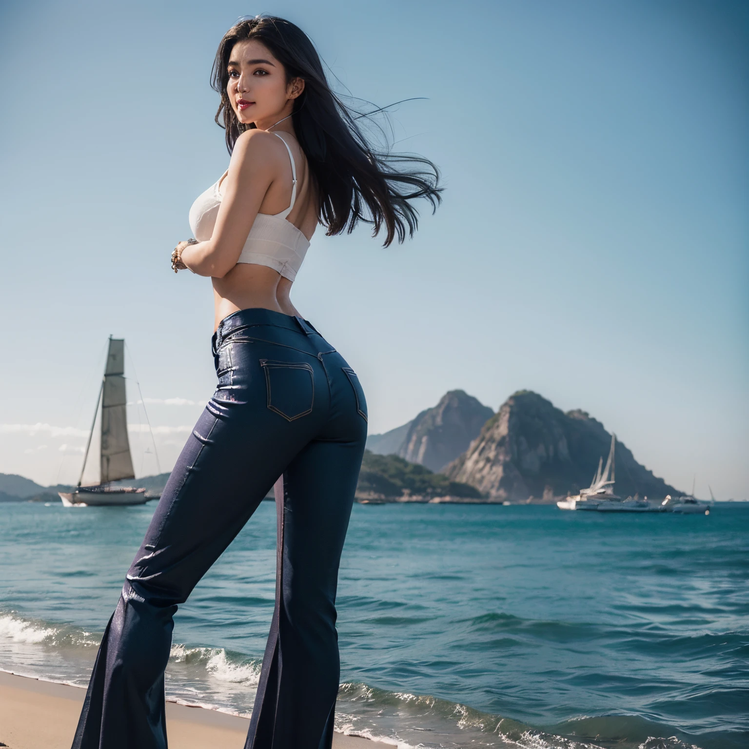 ((qualidade superior、8k、obra prima:1.3))、Mulher bonita em estilo perfeito、sorriso carinhoso、Wide pants、Gaucho pants、Flared pants、saia plissada、formal pants、Skinny pants、seios grandes cintura fina、Abdominals、bunda sexy、pernas finas、Rear view